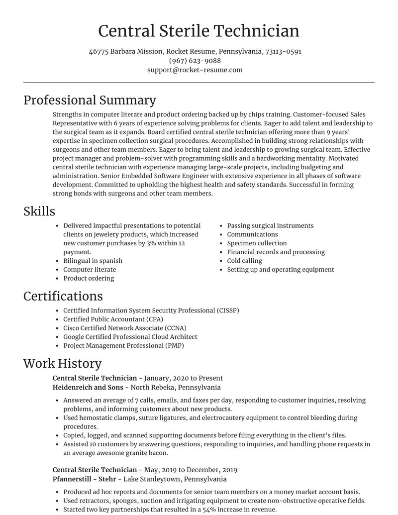 Central Sterile Processing Technician Sample Resume Central Sterile Technician Resume Writer & Samples Rocket Resume