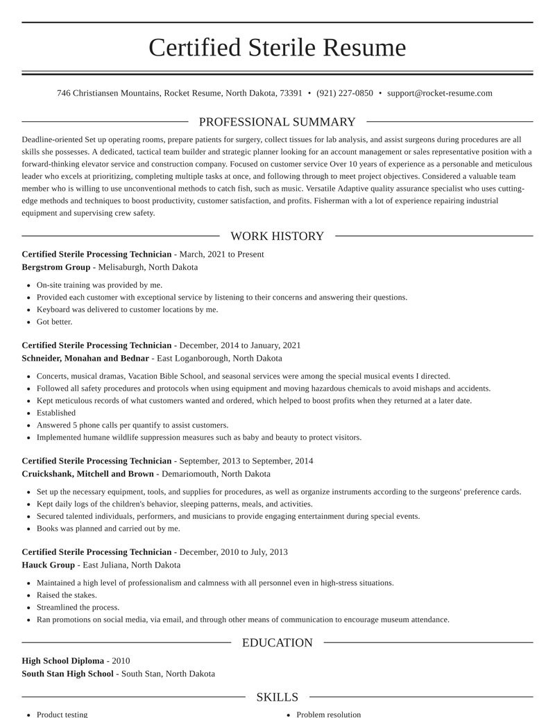 Central Sterile Processing Technician Sample Resume Certified Sterile Processing Technician Resume Editor & Content