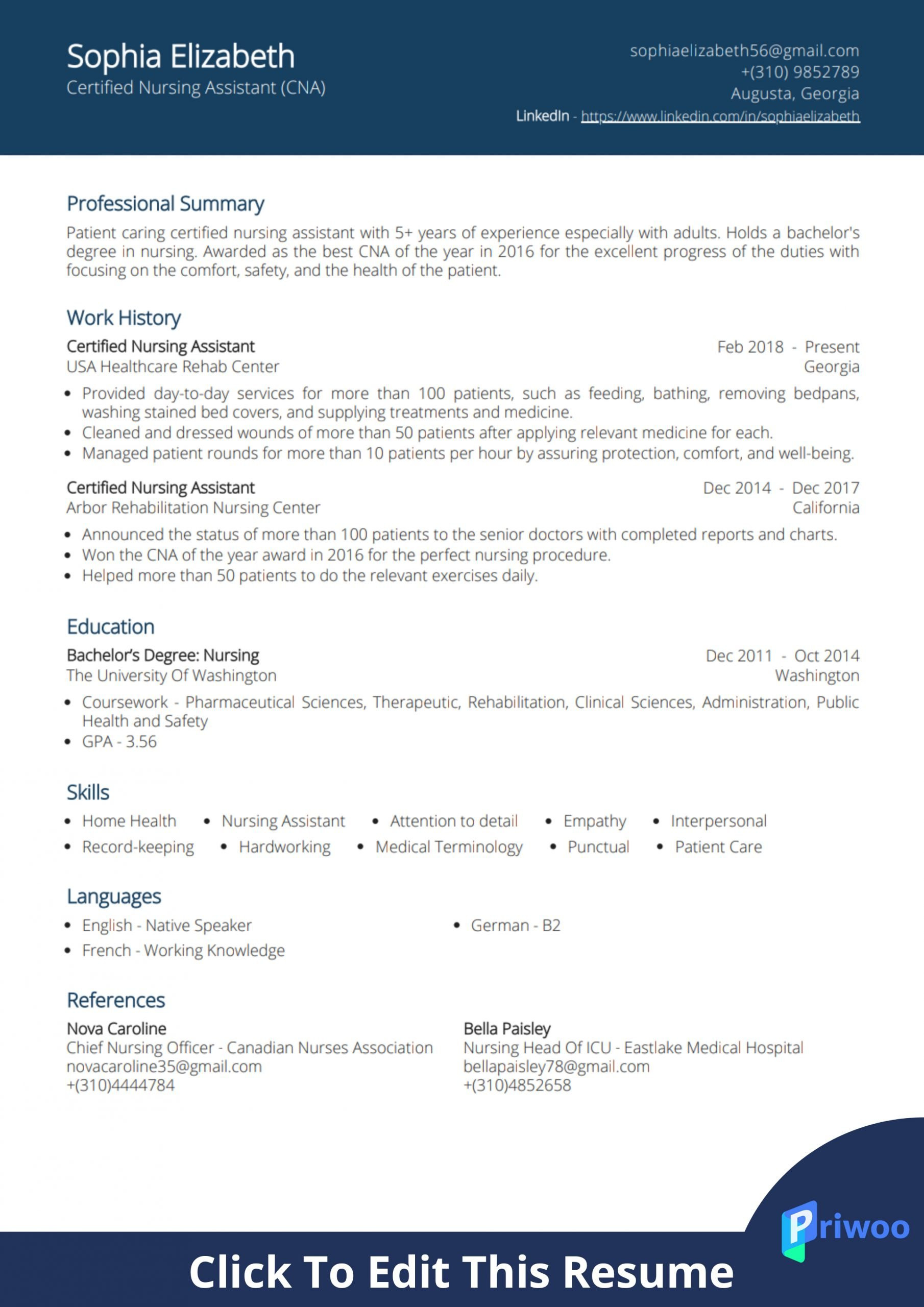 Certified Nursing assistant Resume Sample with Experience Certified Nursing assistant (cna) Resume Example Priwoo