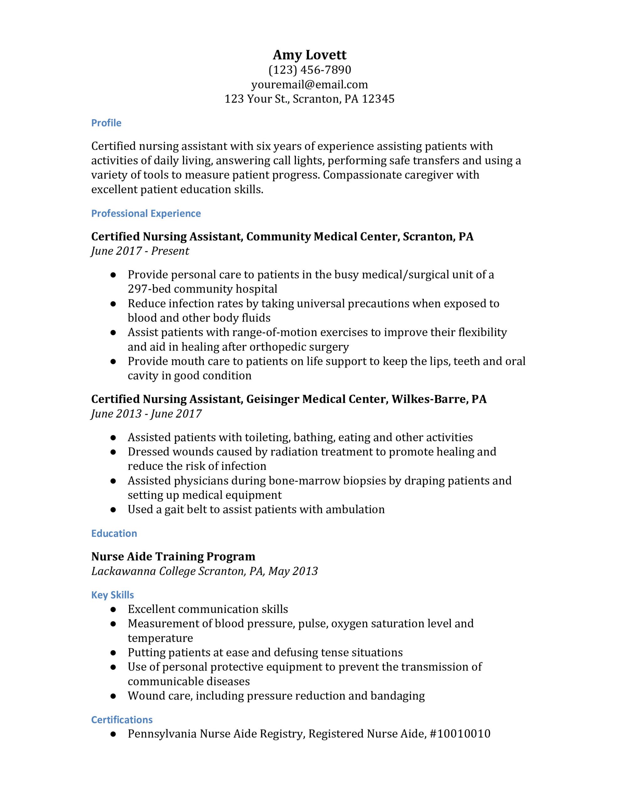 Certified Nursing assistant Resume Sample with Experience Certified Nursing assistant Resume Examples – Resumebuilder.com