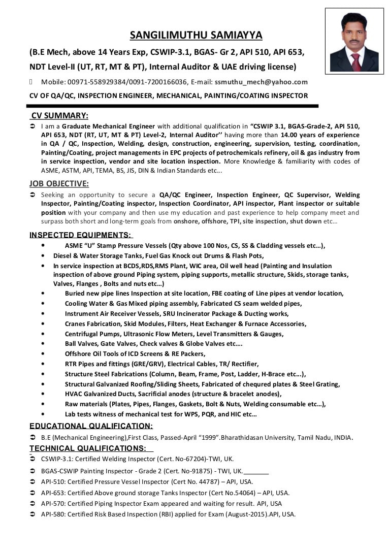 Electrical Qa Qc Inspector Resume Sample Cv Of Qaqc, Inspection Engineer, Welding, Painting & Coating Inspectoâ¦