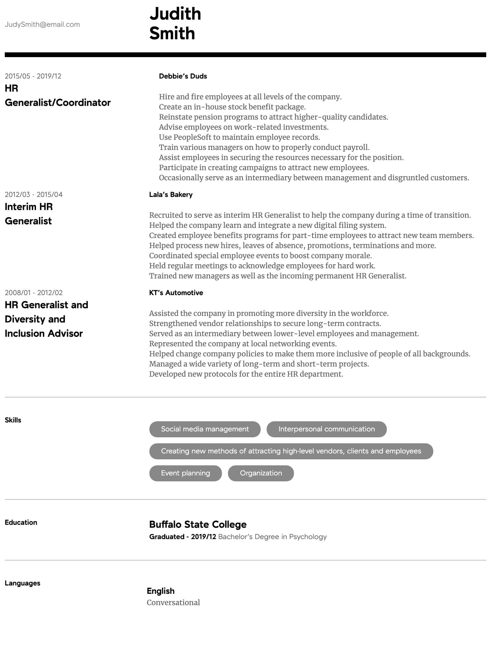 Human Resources Resume Sample Entry Level Hr Generalist Resume Samples All Experience Levels Resume.com …