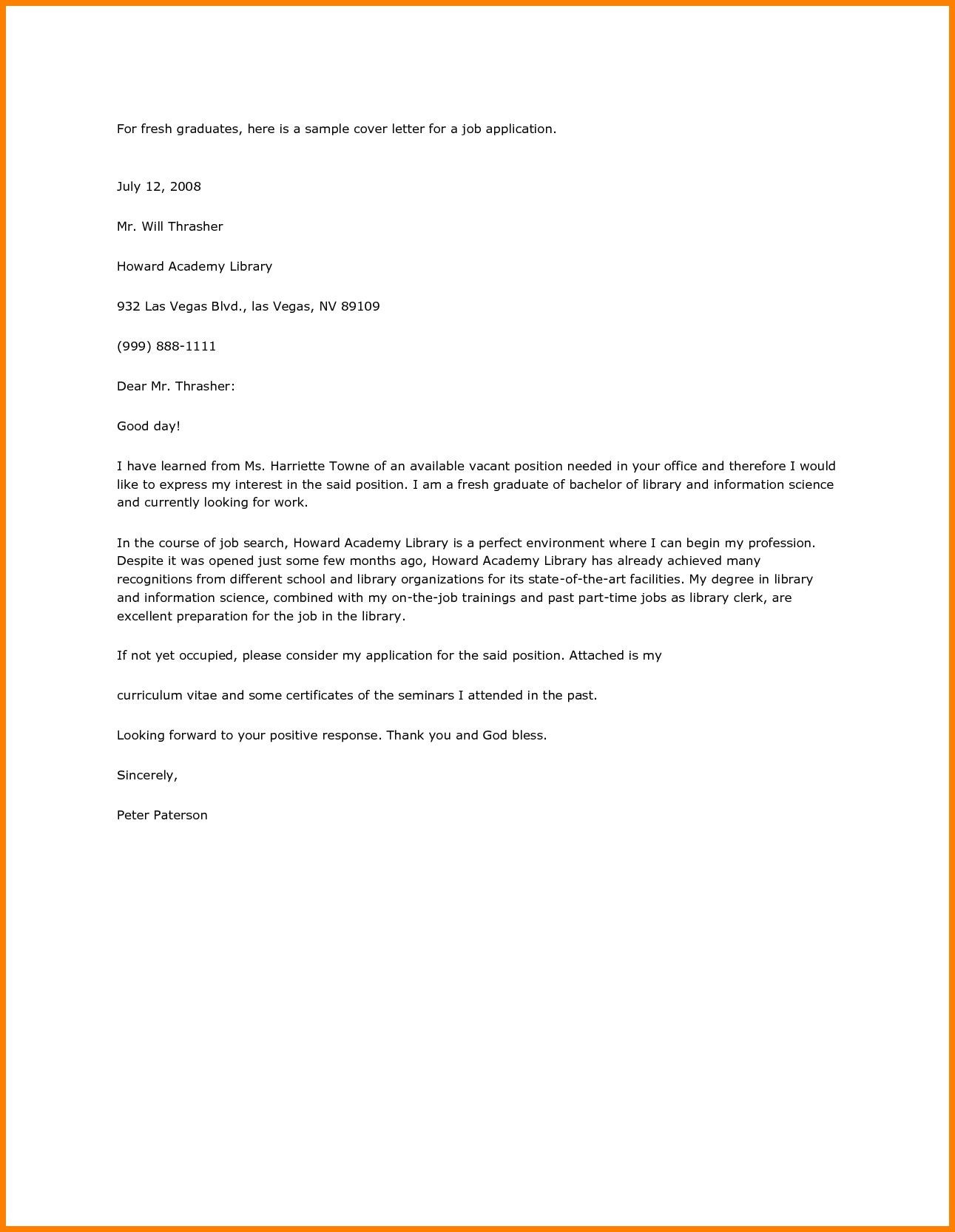 Resume Cover Letter Sample for Fresh Graduate Resume Letter Fresh Graduate Cover Job Application Cool Any Vacant …