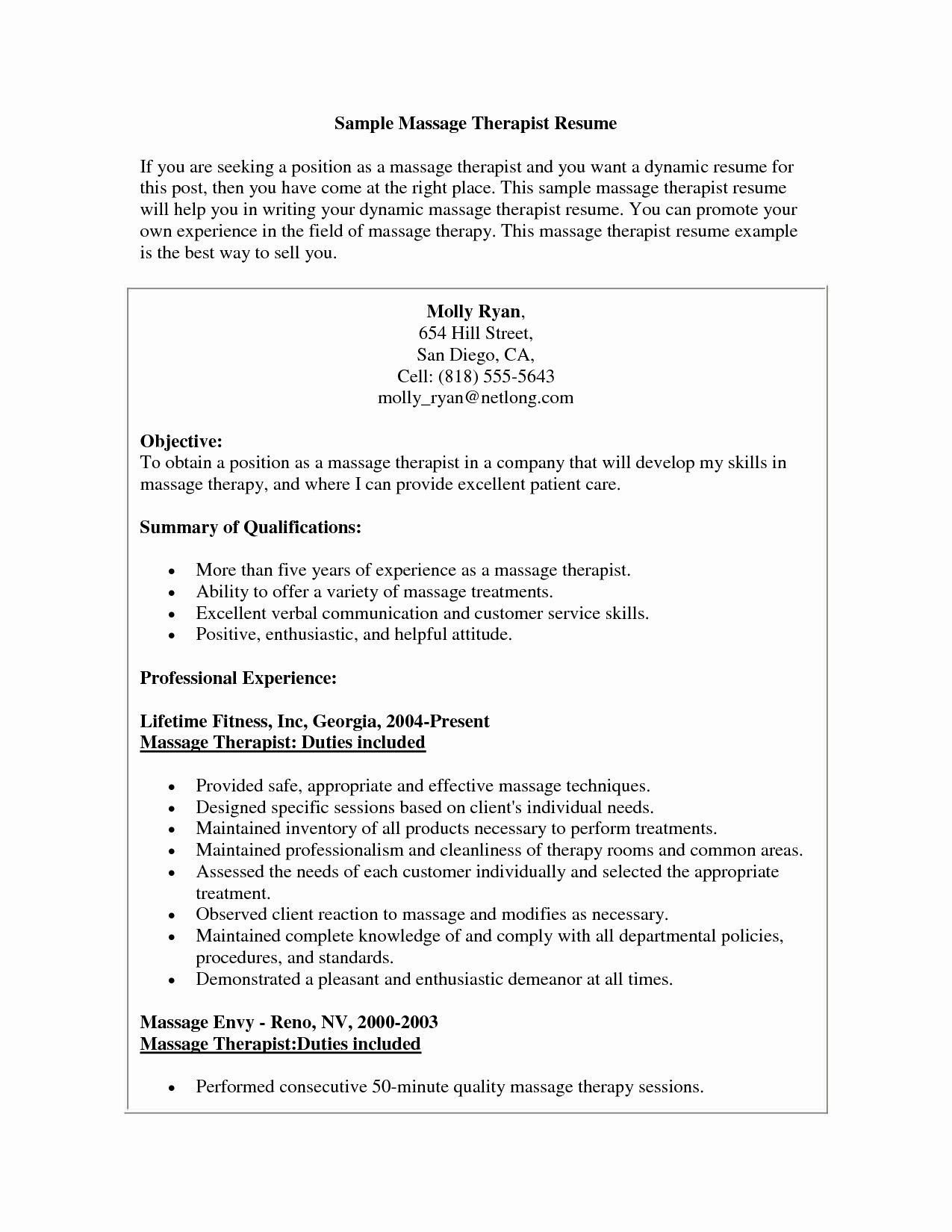 Resume Cover Letter Samples for Massage therapist Pin On Resume Templates