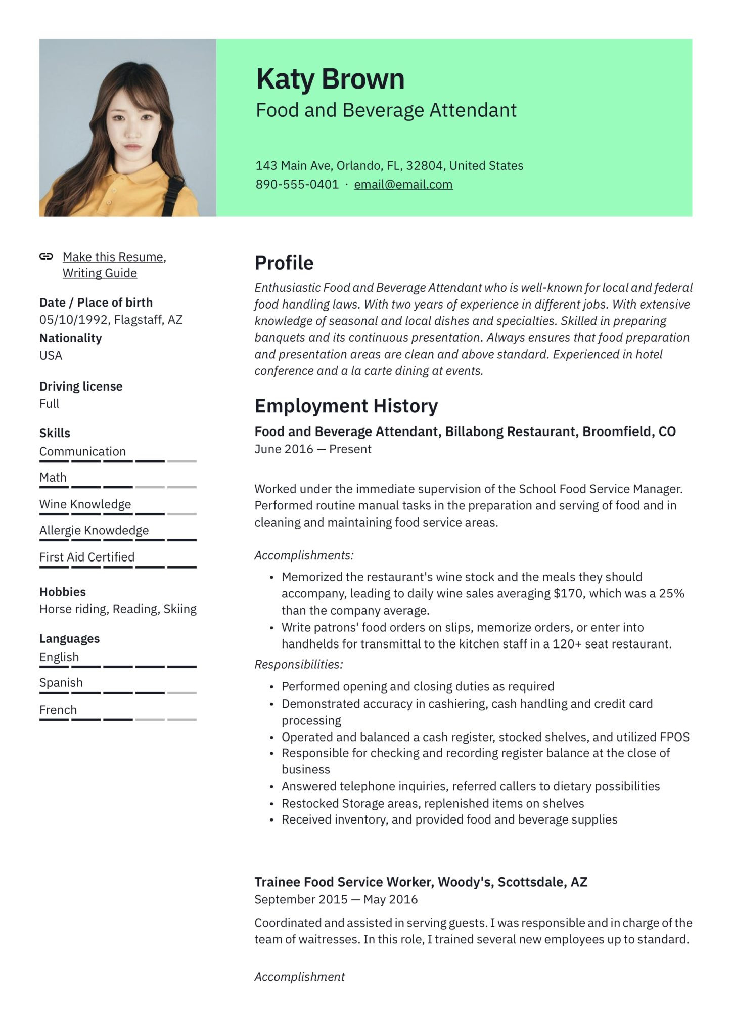 Resume Sample for Food and Beverage Service 22 Food & Beverage attendant Resume Samples Free
