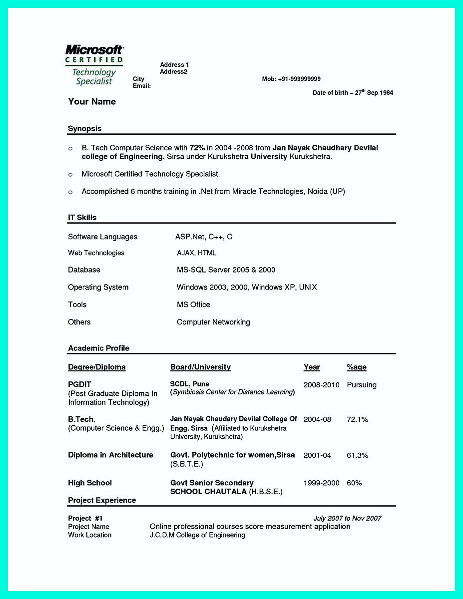 Resume Samples for Btech Cse Students Resume Samples for Computer Science Graduates – Good Resume Examples