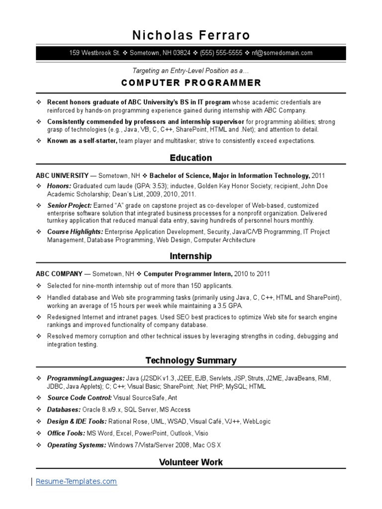 Sample Computer Science Resume Entry Level Sample Entry Level Computer Programmer Resume Template Pdf …