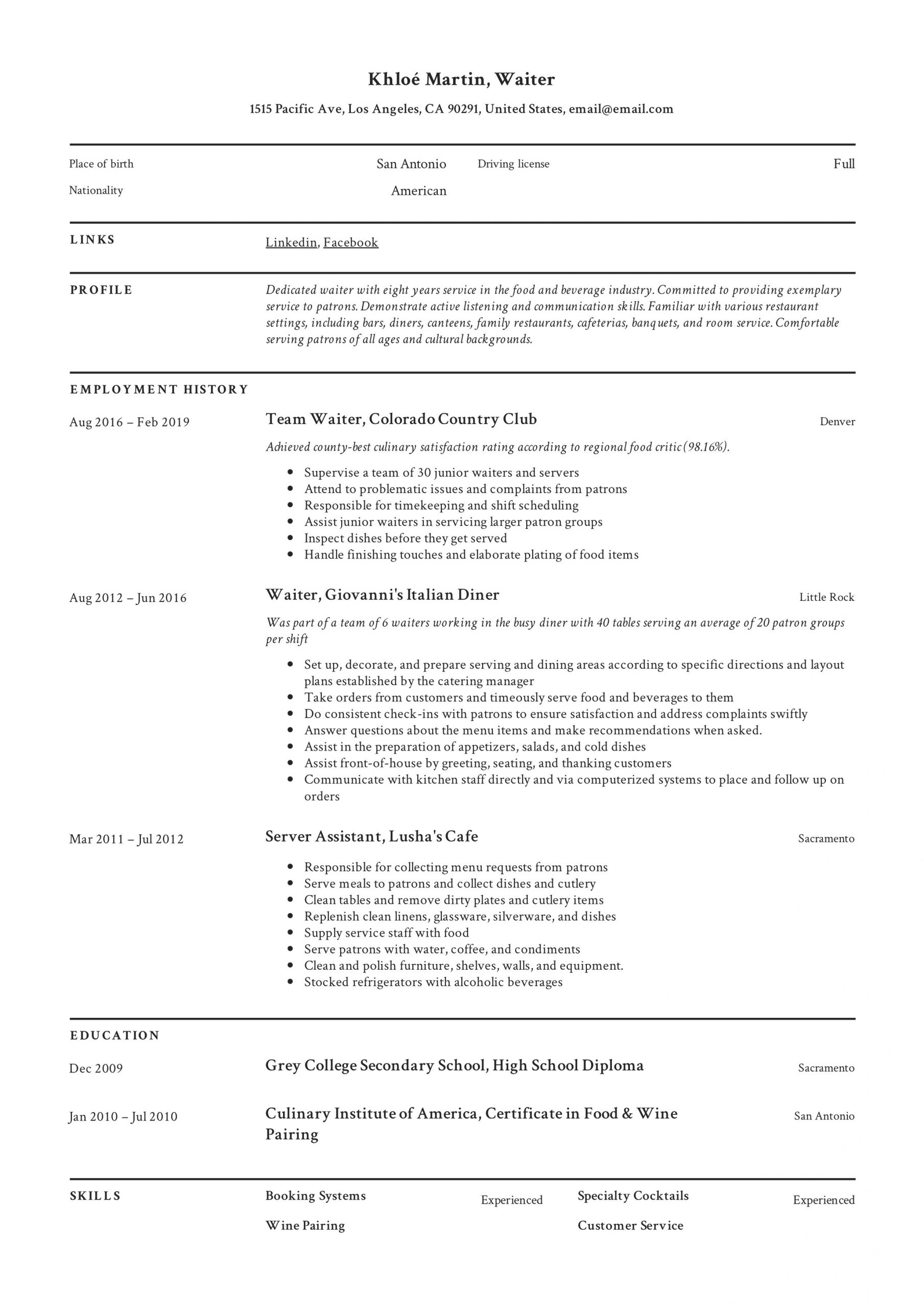 Sample Of Resume for Waitress Position Waiter Cv October 2021 Sample Of Resume for Waitress Position Waiter Cv October 2021