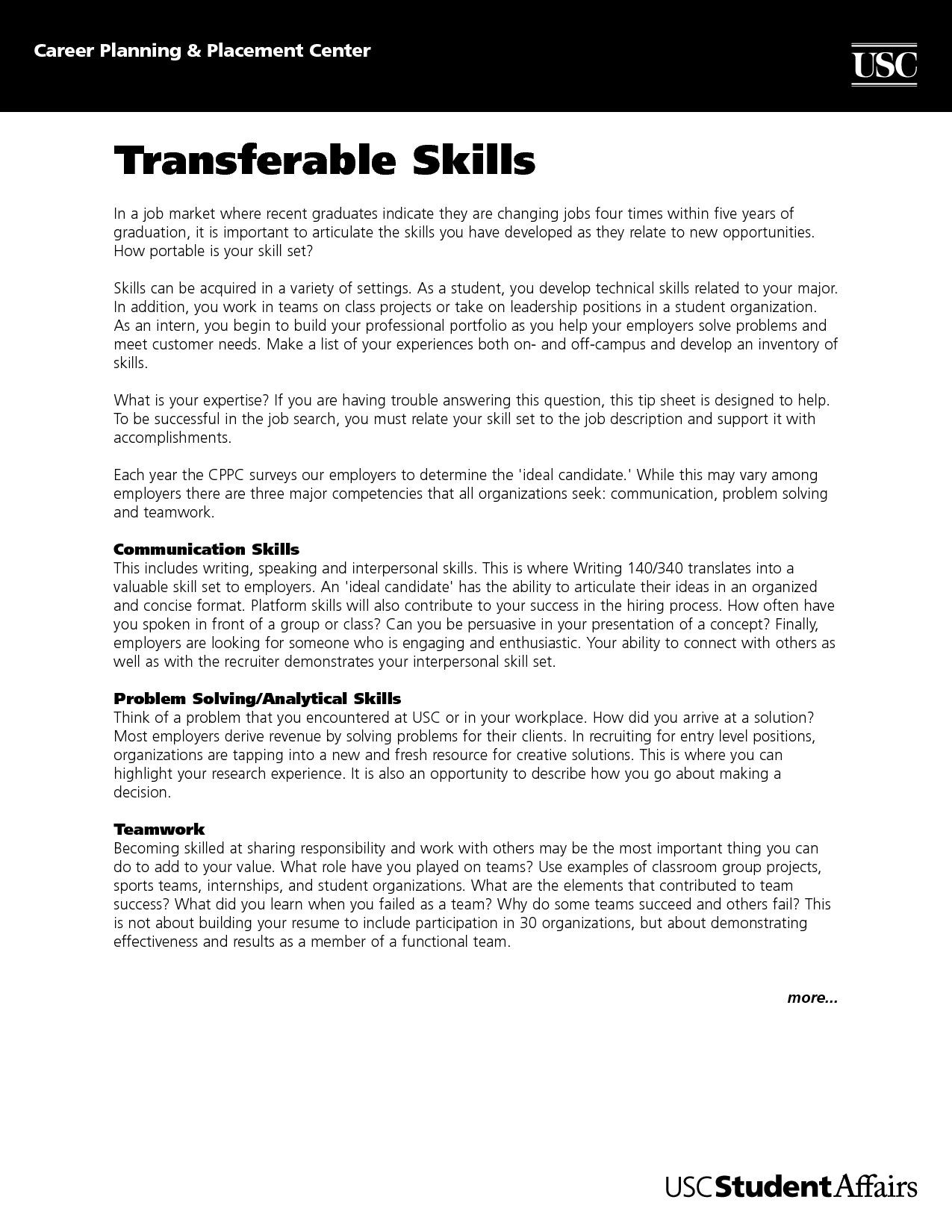 Sample Of Skills and Competencies In Resume Resume Sample Transferable Skills – Transferable Skills …