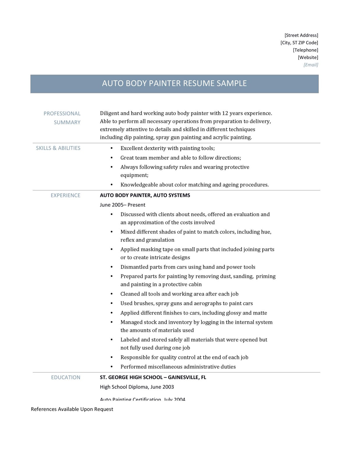 Sample Resume for Auto Body Painter Painters Resume Sample