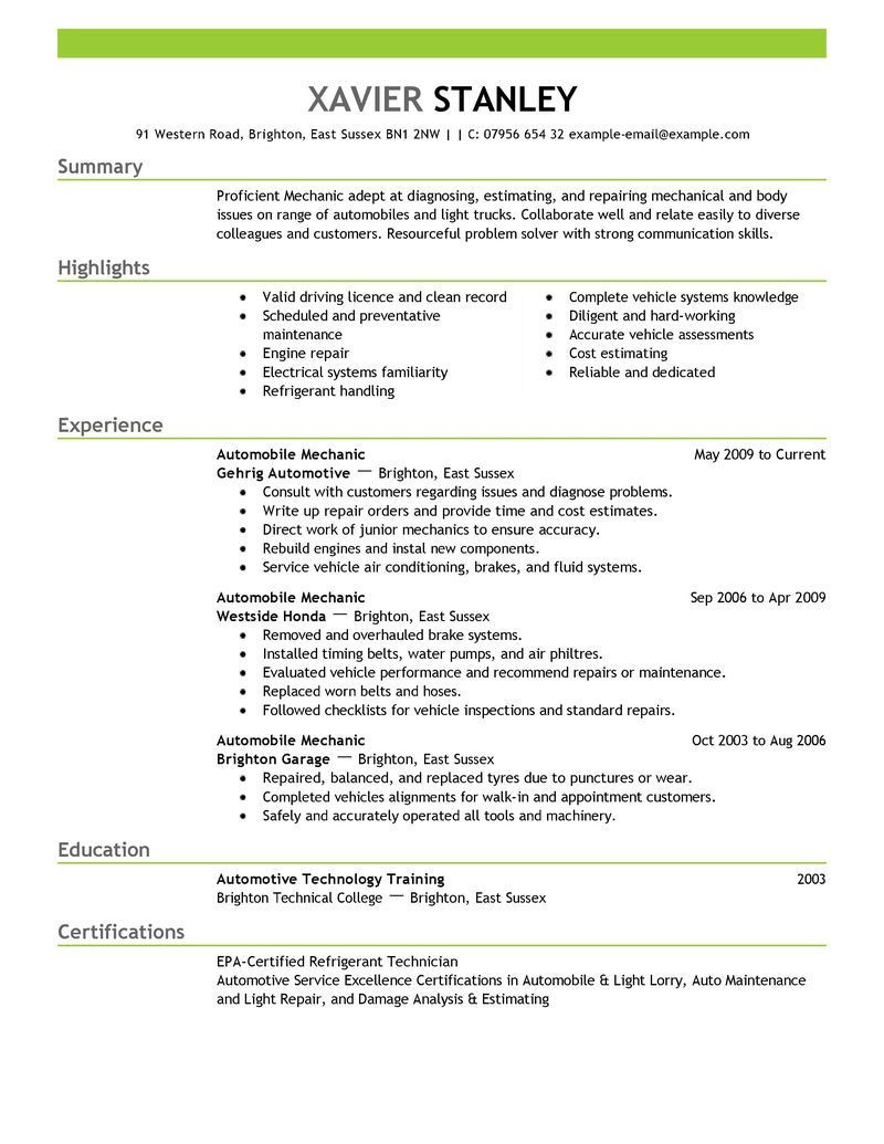 Sample Resume for Auto Mechanic Technician Best Mechanic Resume Example Livecareer Resume Objective …