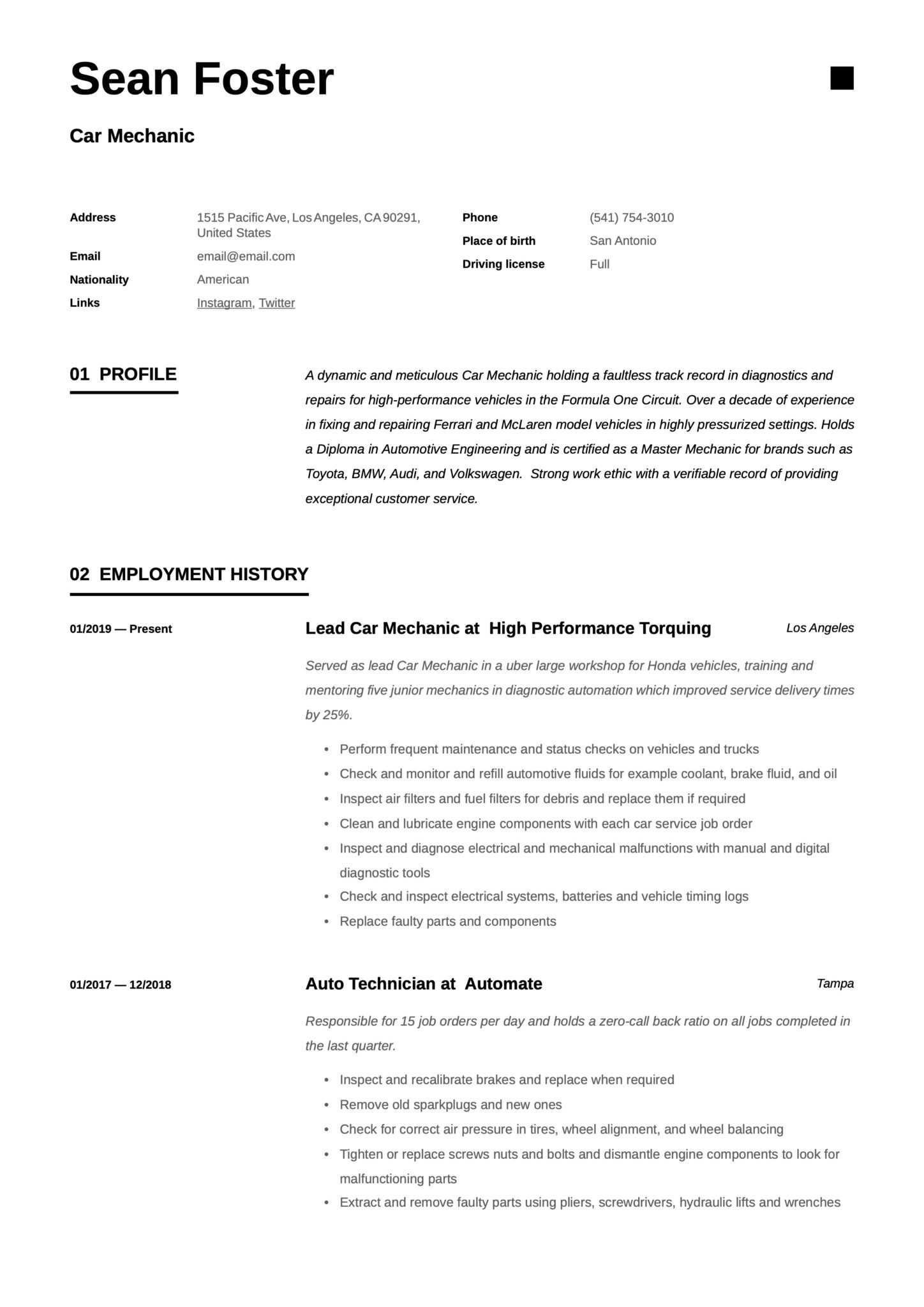 Sample Resume for Auto Mechanic Technician Car Mechanic Resume & Guide 19 Resume Examples 2020