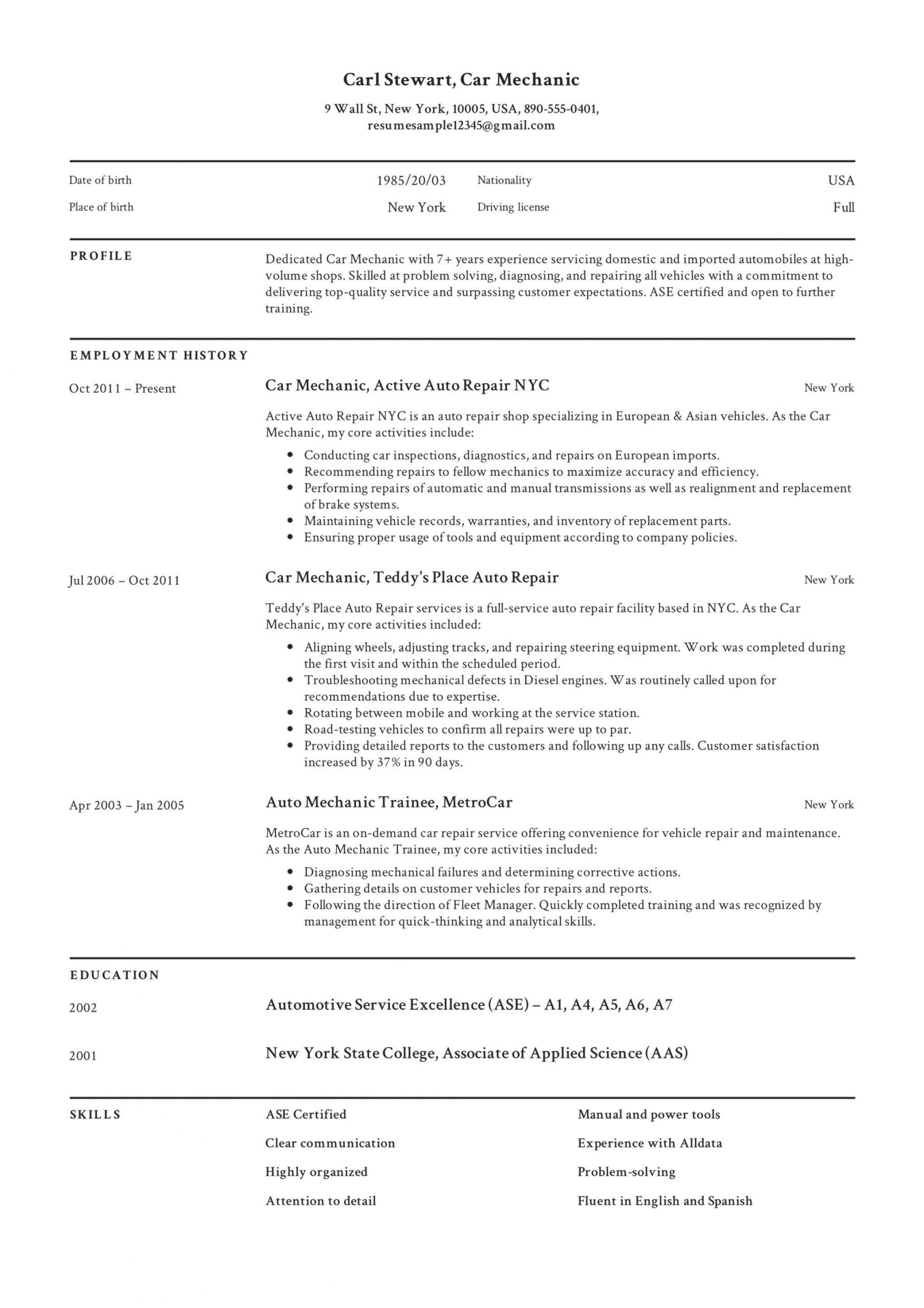 Sample Resume for Auto Mechanic Technician Car Mechanic Resume & Guide 19 Resume Examples 2020