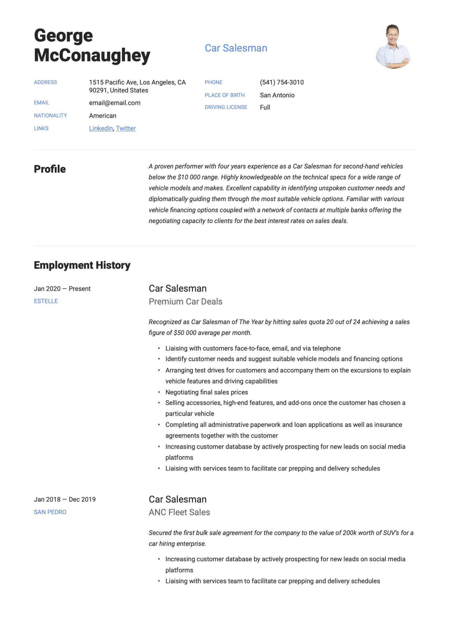 Sample Resume for Automobile Sales Executive Car Salesman Resume & Writing Guide  17 Resume Templates 2021