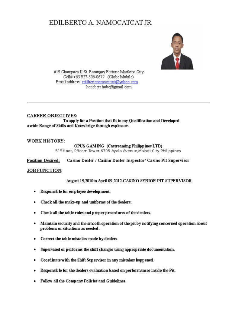Sample Resume for Casino Pit Supervisor Casino Resume Pdf Supervisor Gambling