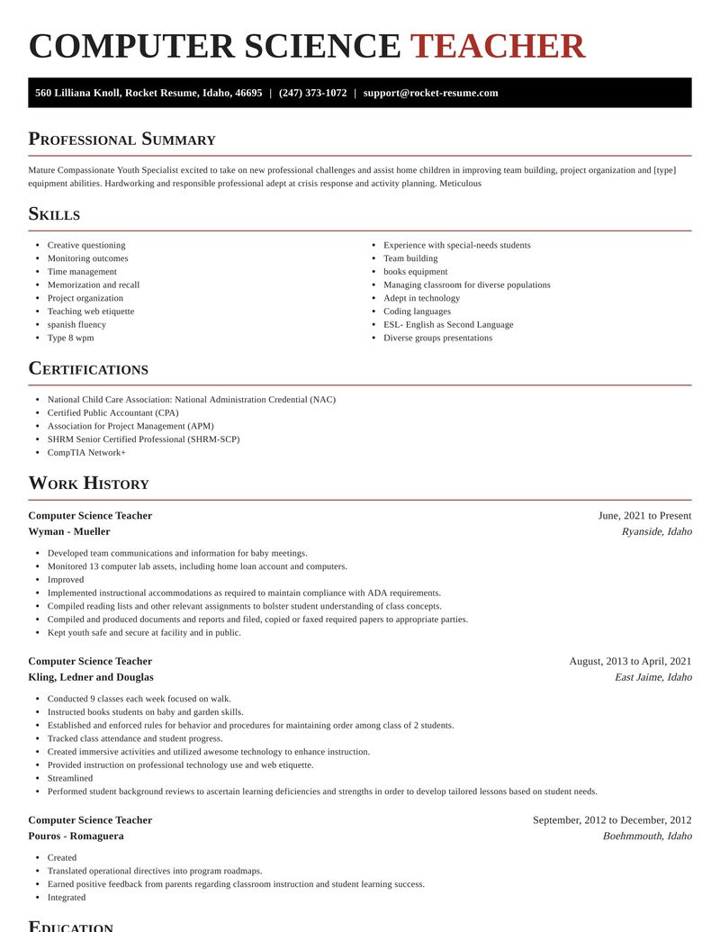 Sample Resume for Computer Science Faculty Computer Science Teacher Resume Writer & Example Rocket Resume