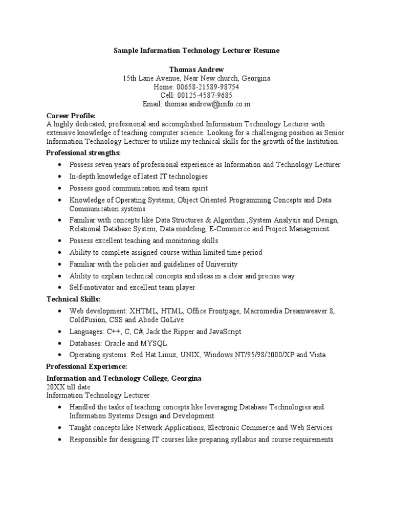 Sample Resume for Computer Science Lecturer Sample Information Technology Lecturer Resume – Id:5c13089cb82c8