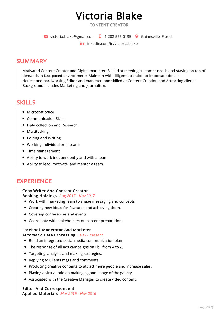 Sample Resume for Content Writer Fresher Content Creator Resume Example Resume Sample 2020 – Resumekraft