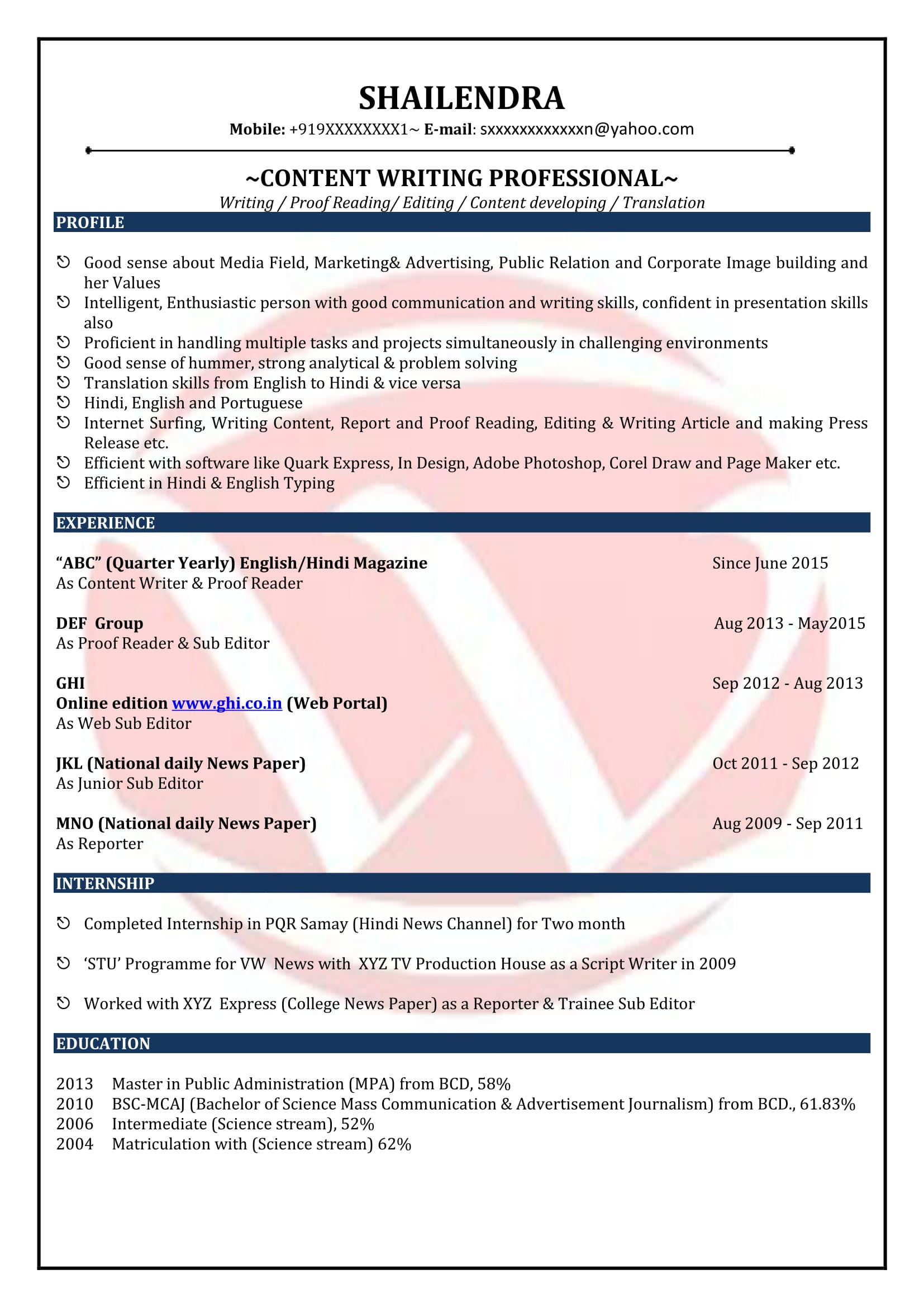 Sample Resume for Content Writer Fresher Content Writer Sample Resumes, Download Resume format Templates!