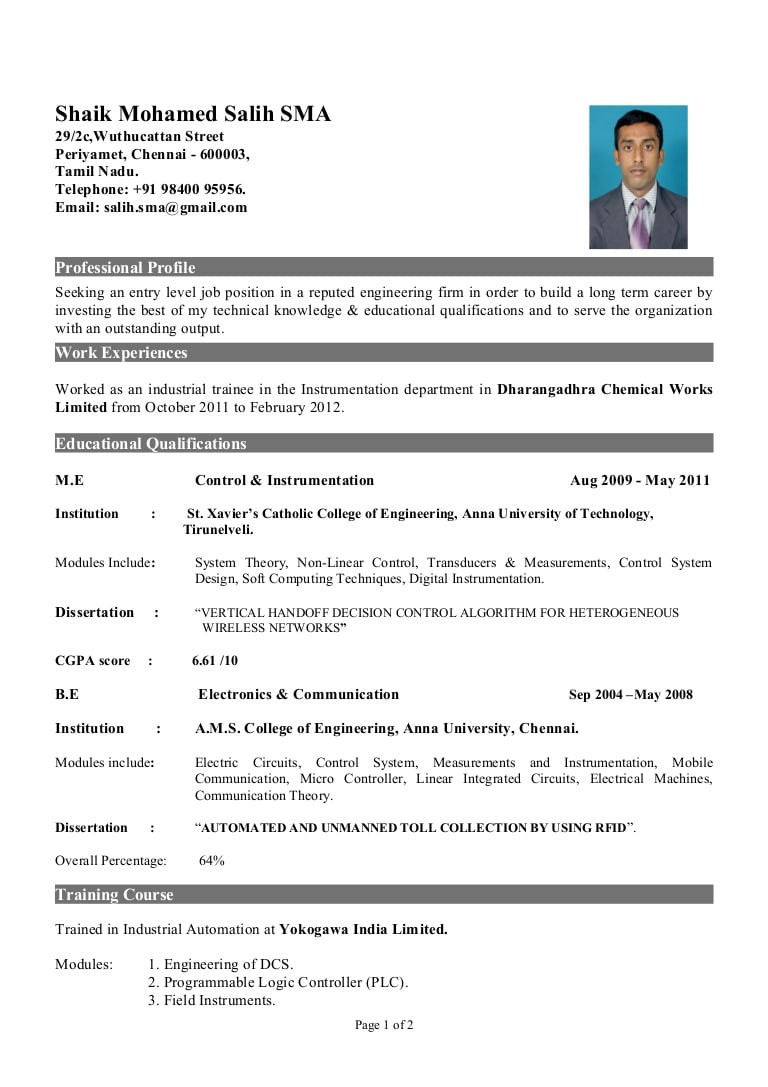 Sample Resume for Industrial Engineer Fresher Fresher Of Instrumentation Engineer