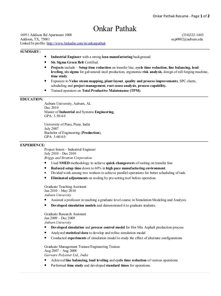 Sample Resume for Industrial Engineering Students Industrial Engineer Pathak