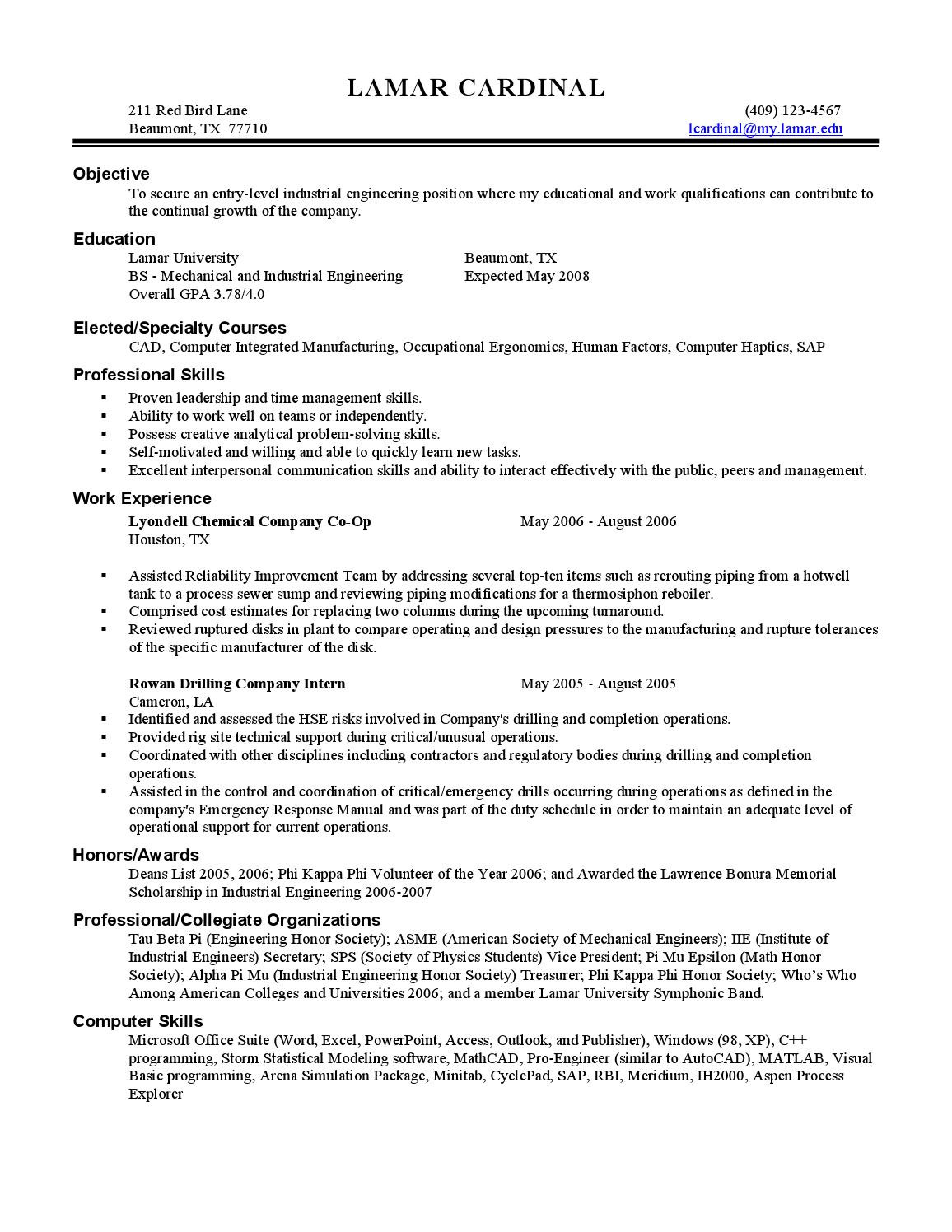 Sample Resume for Industrial Engineering Students Industrial Engineering Sample Student Resume by Lamar University …
