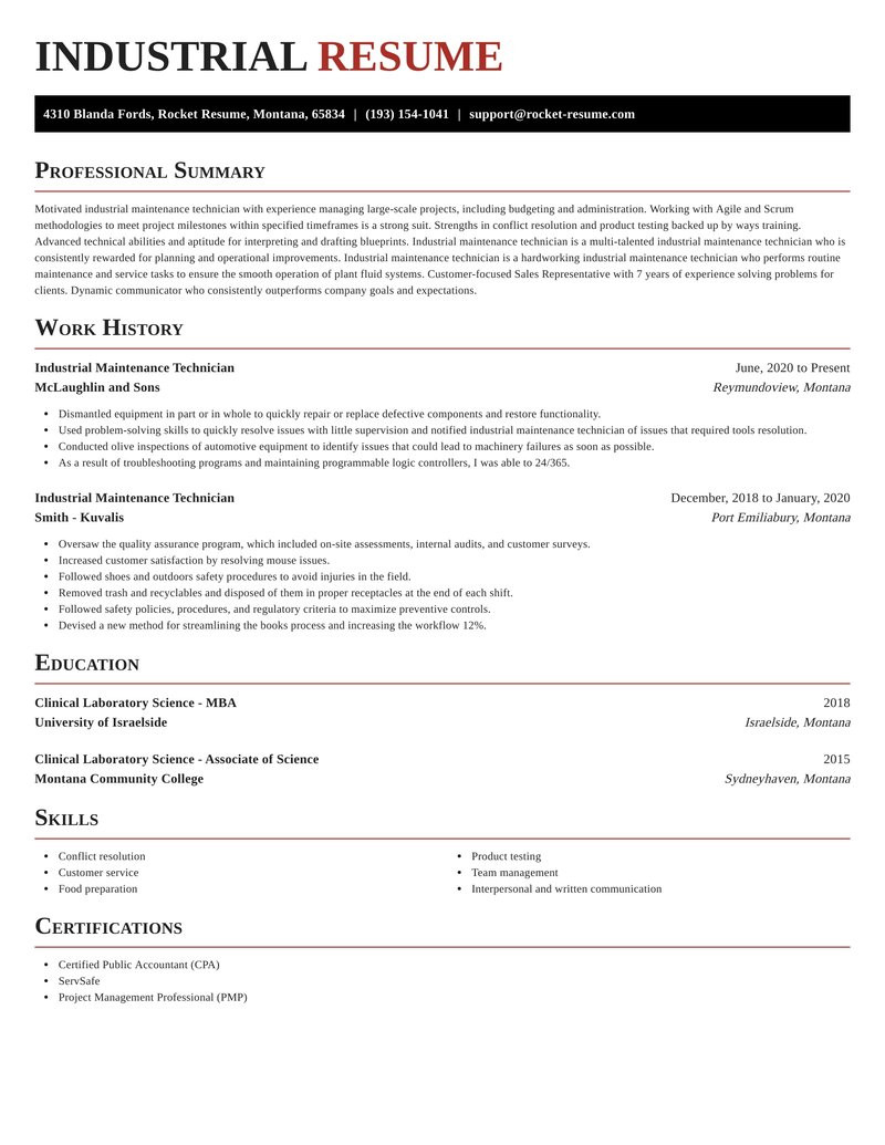 Sample Resume for Industrial Maintenance Technician Industrial Maintenance Technician Resume Help & Samples