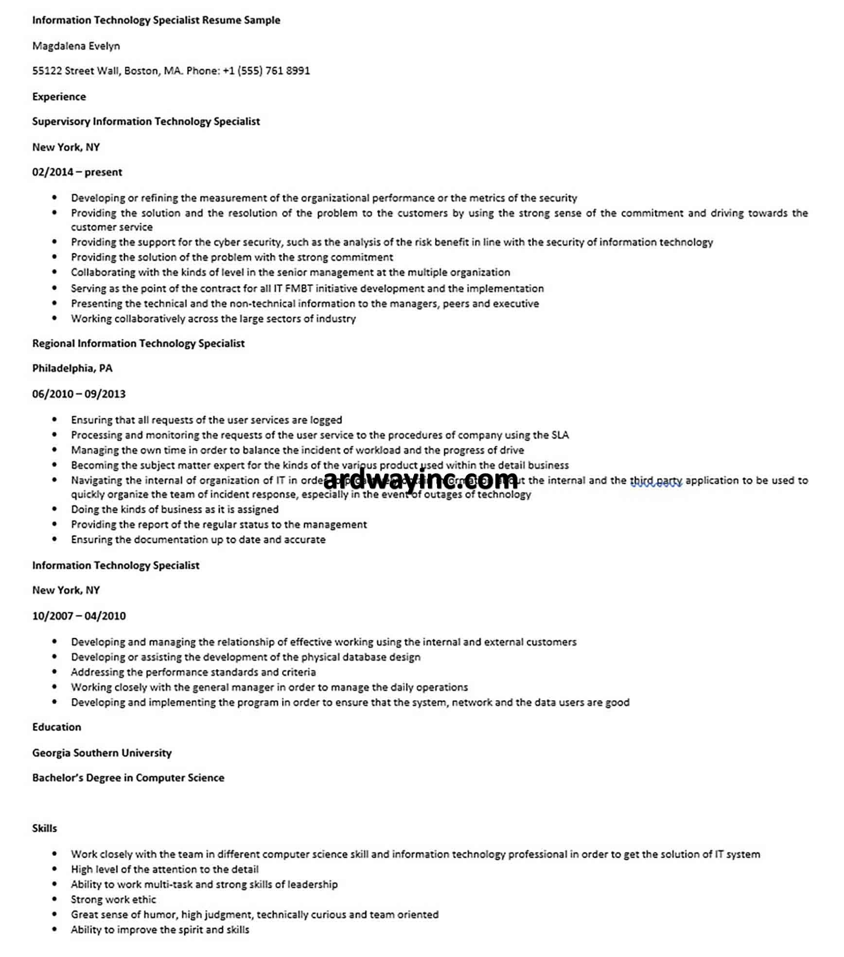 Sample Resume for Information Technology Specialist Information Technology Specialist Resume Sample Information …