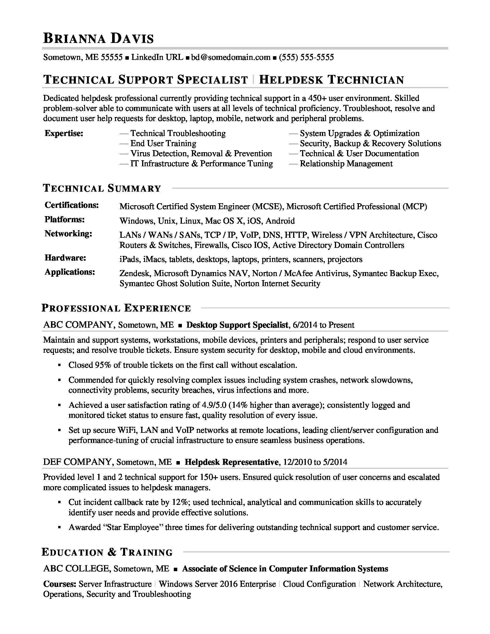 Sample Resume for Information Technology Specialist Sample Resume for Experienced It Help Desk Employee Monster.com