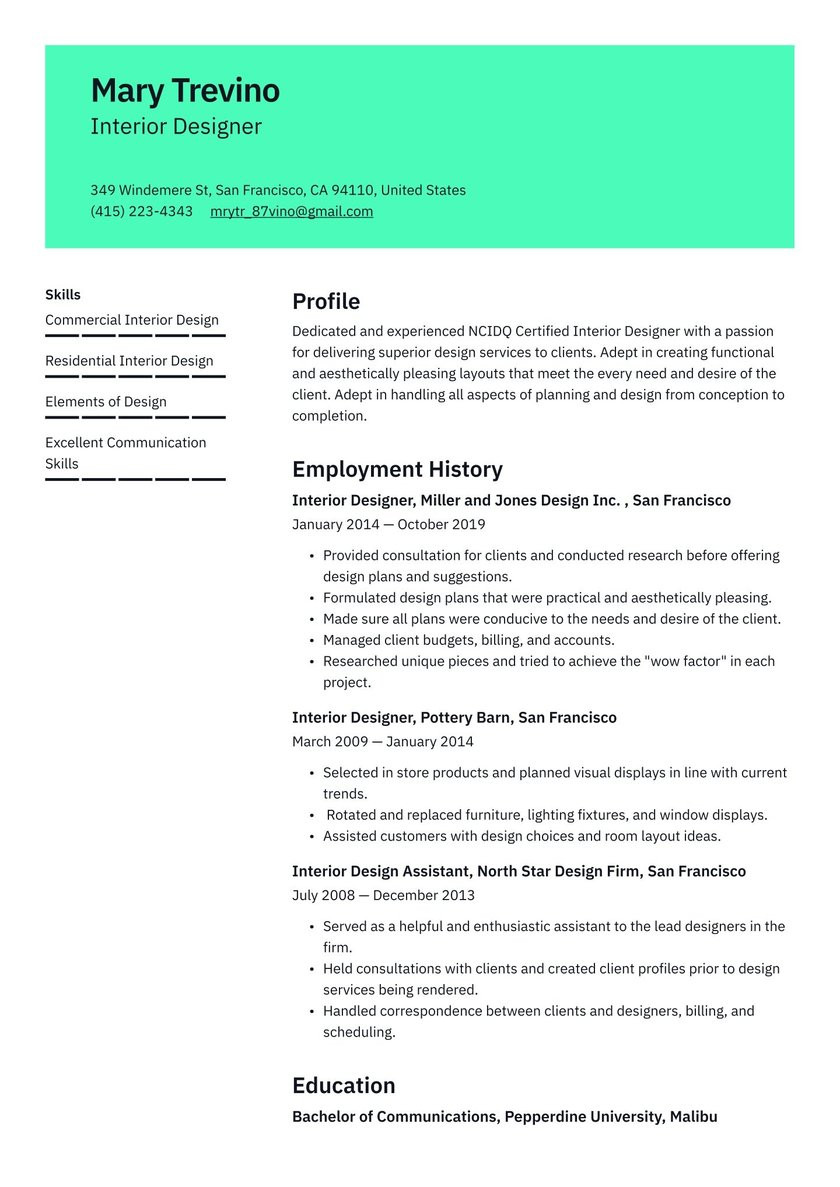 Sample Resume for Interior Designer Fresher Interior Designer Resume Examples & Writing Tips 2021 (free Guide)