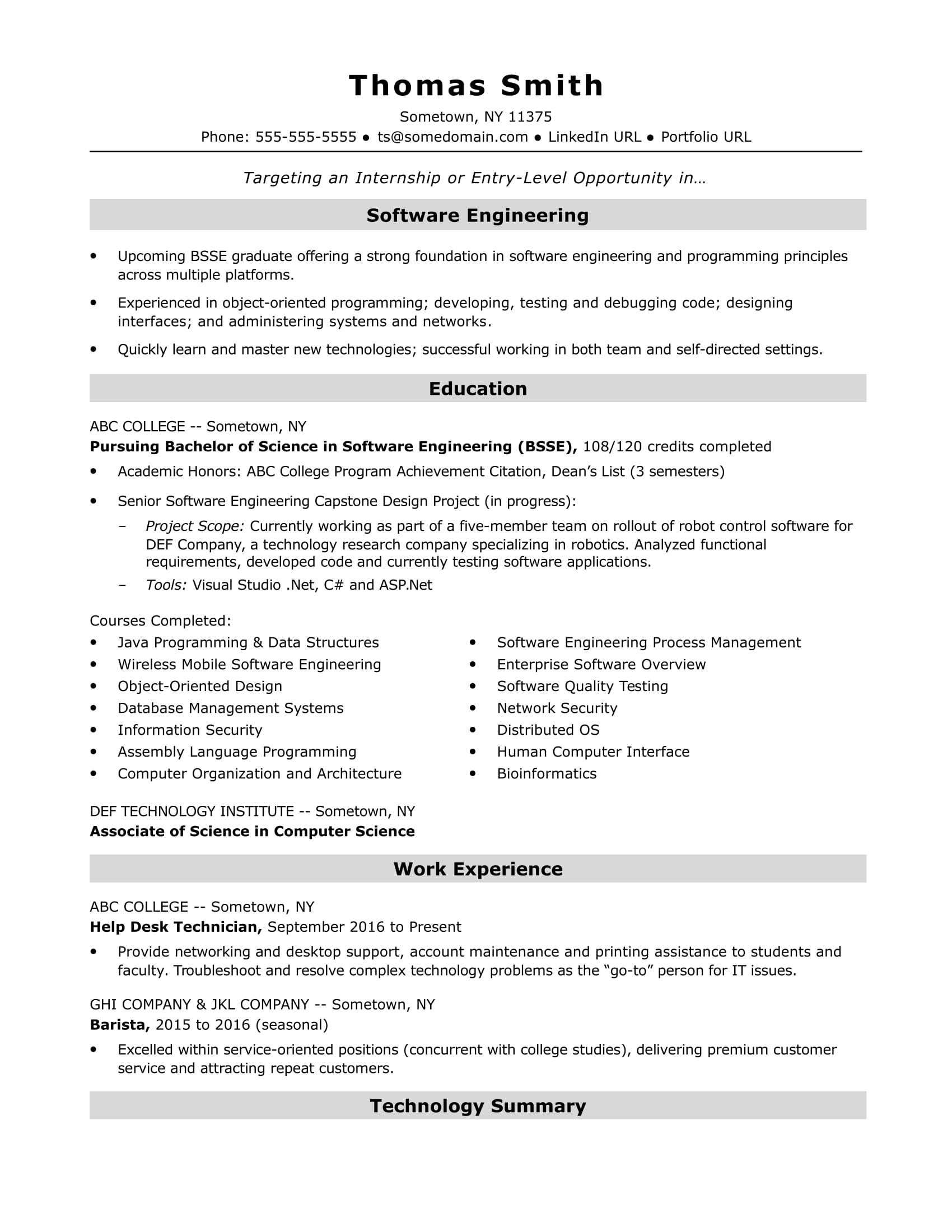 Sample Resume for Internship for Freshers Entry-level software Engineer Resume Sample Monster.com