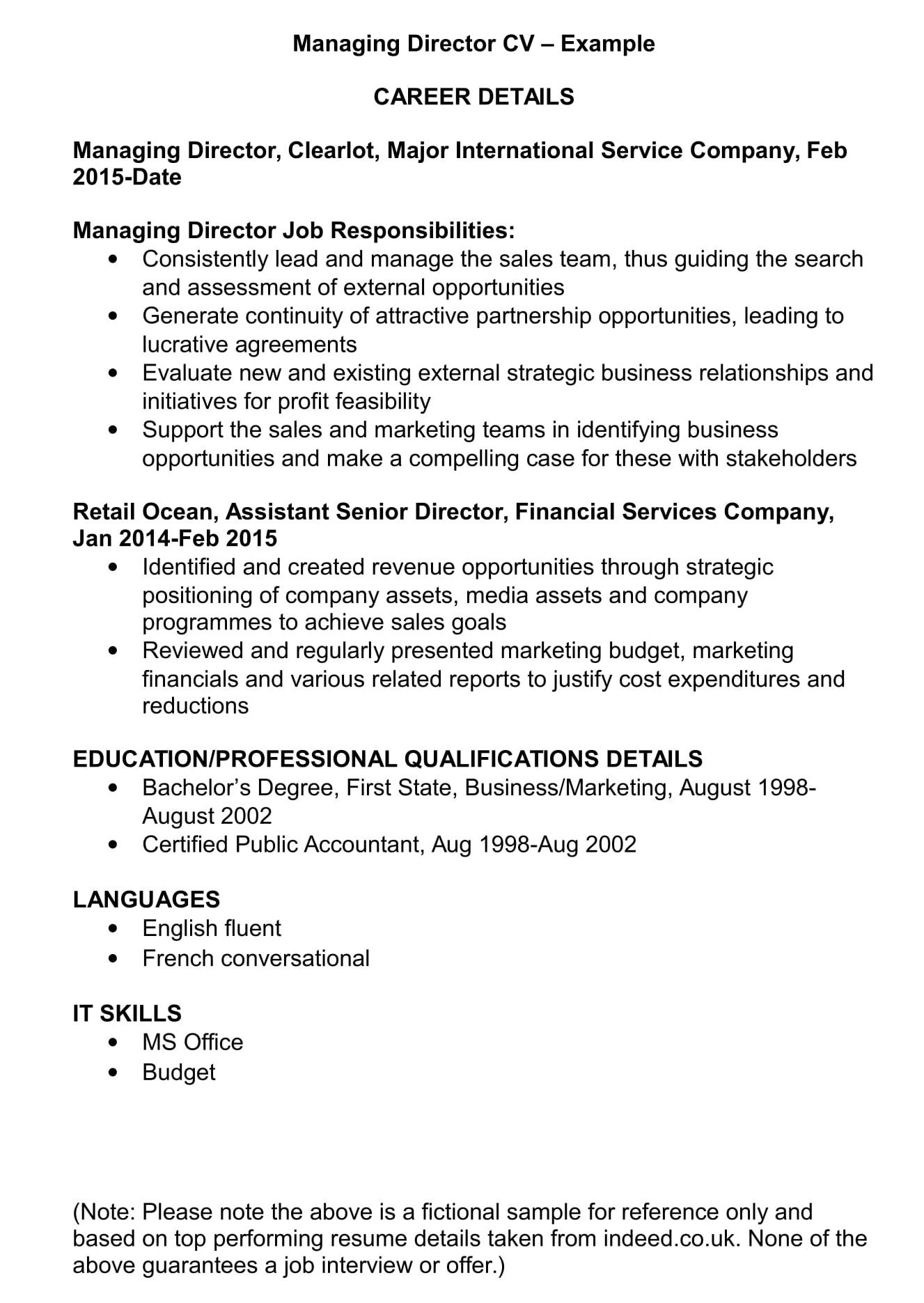 Sample Resume for It Director Position Managing Director Cv Template & Examples Audit Finance Management