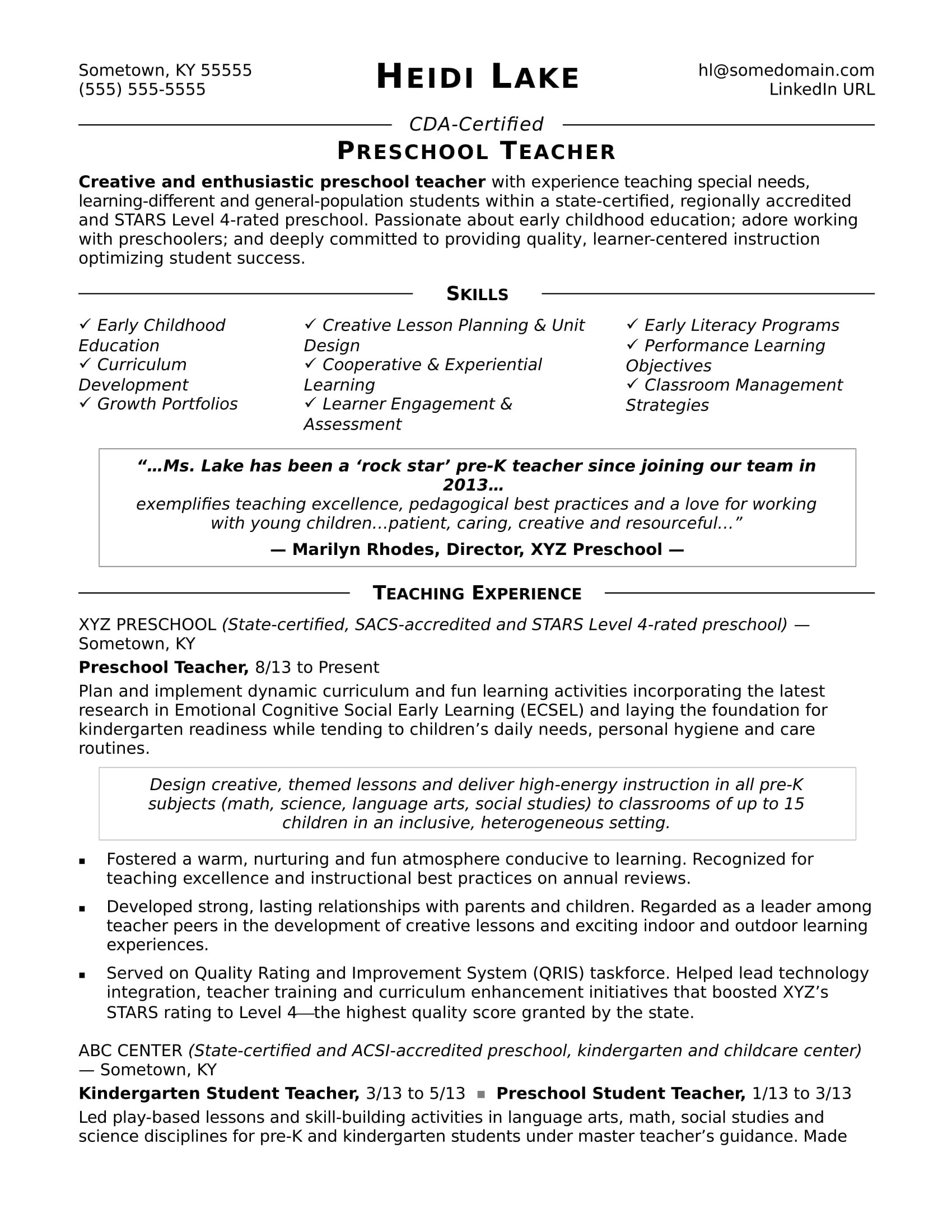Sample Resume for Kindergarten Teacher Fresher Preschool Teacher Resume Sample Monster.com