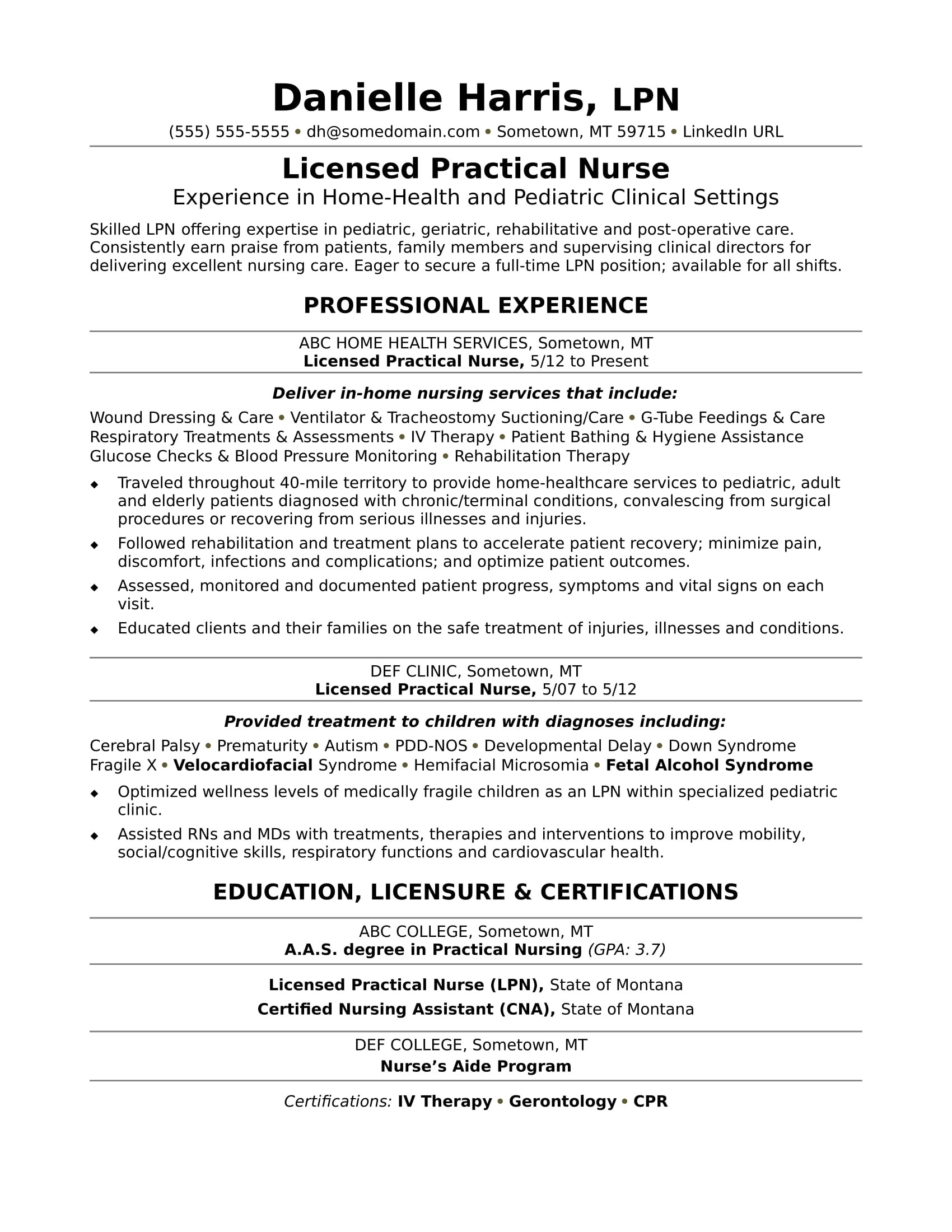 Sample Resume for Lpn New Grad Licensed Practical Nurse Resume Sample Monster.com