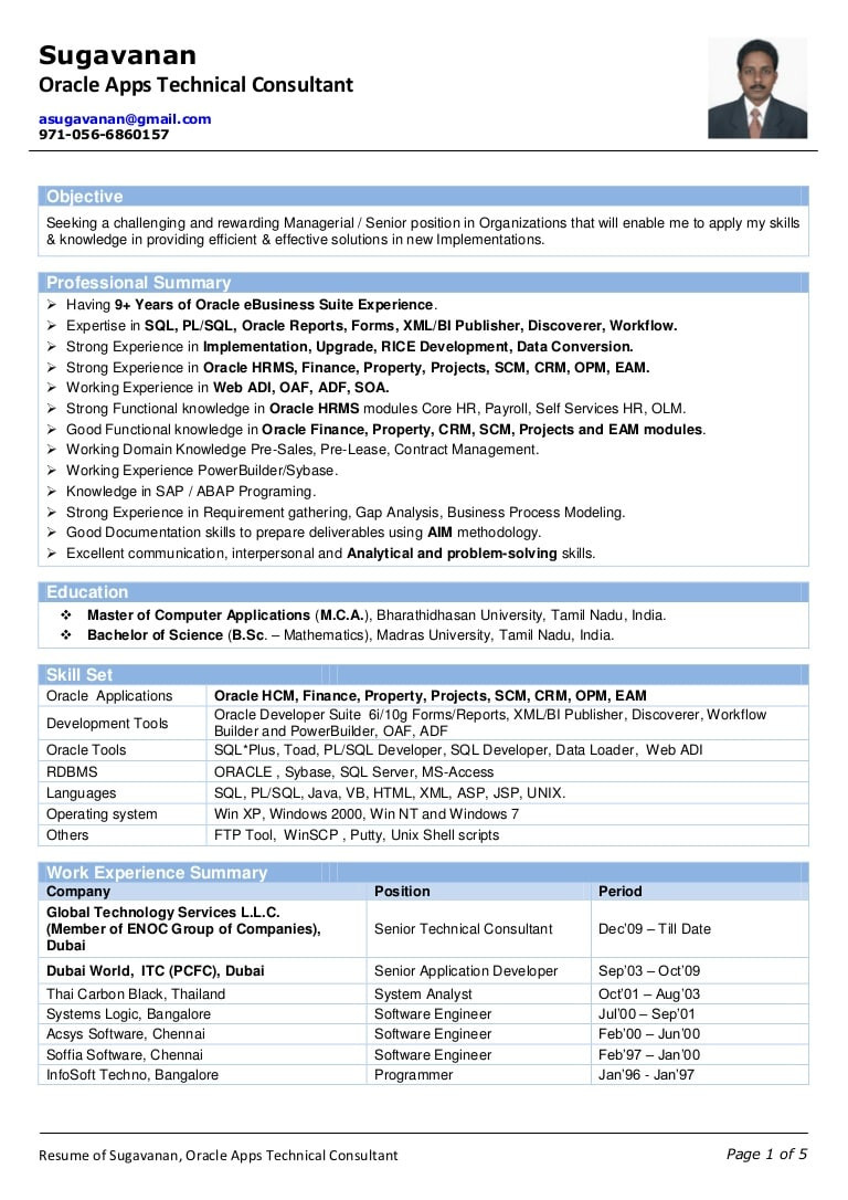 Sample Resume for oracle Apps Technical Consultant Resume Of Sugavanan – oracle Apps Technical Consultant