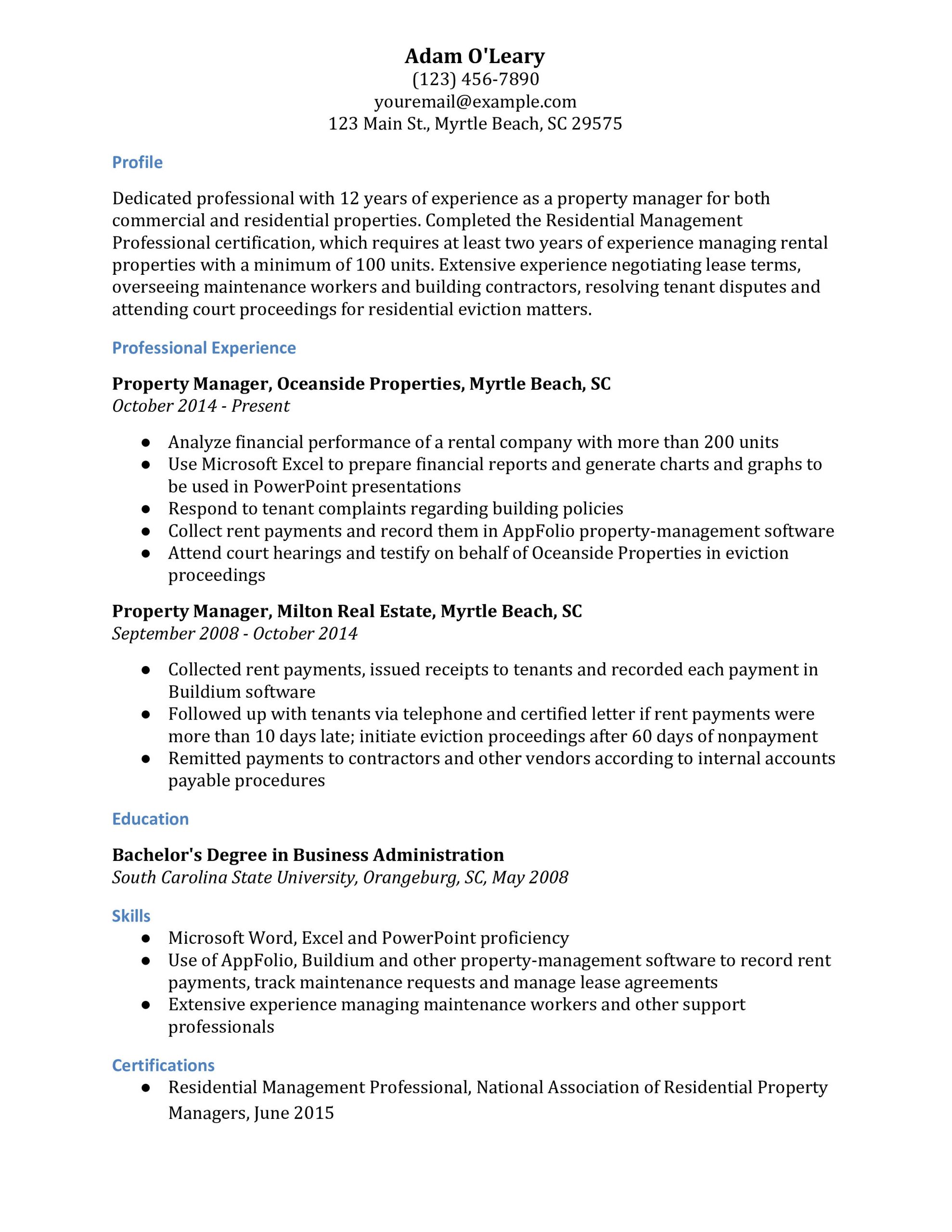 Sample Resume for Residential Property Manager Property Manager Resume Examples – Resumebuilder.com
