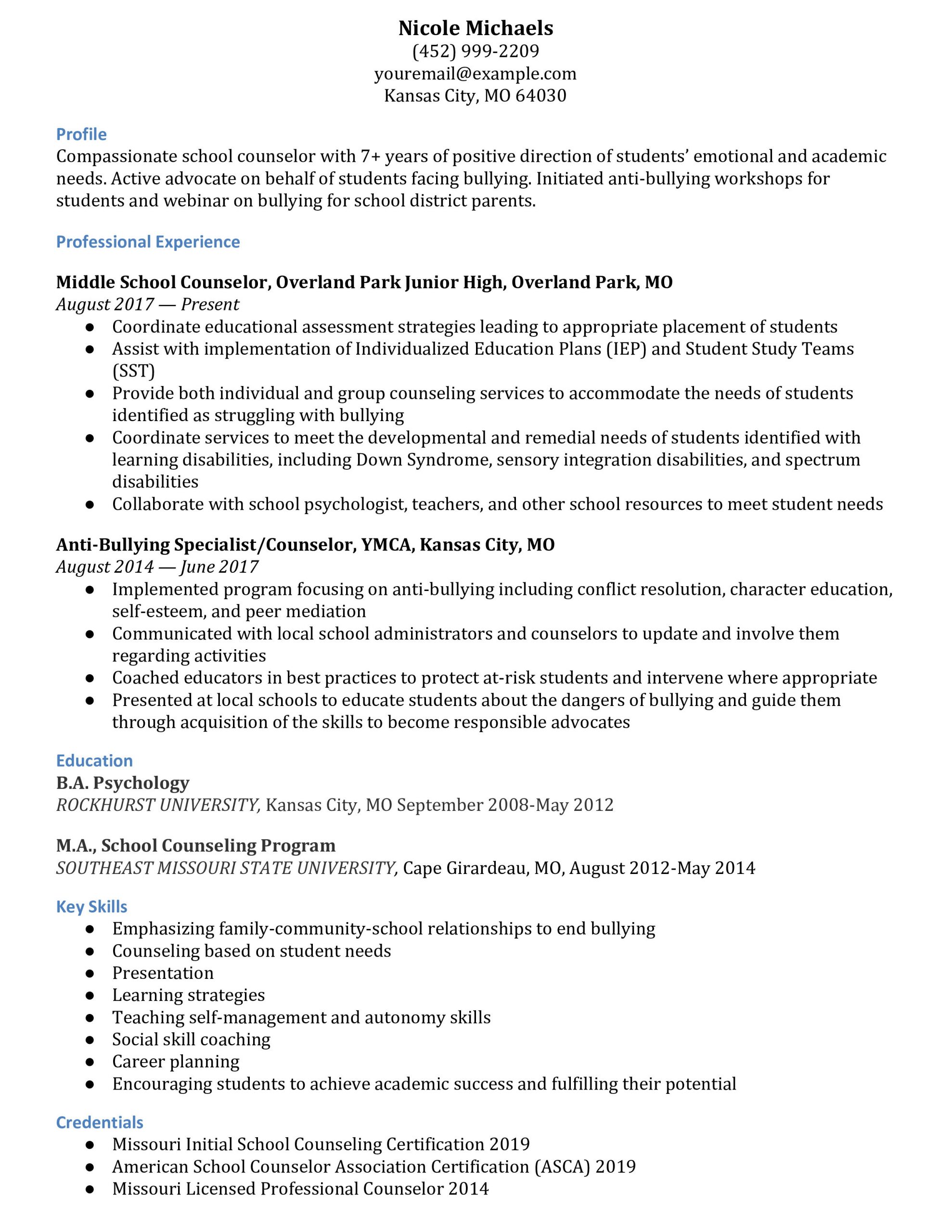 Sample Resume for School Counselor Position School Counselor Resume Examples – Resumebuilder.com