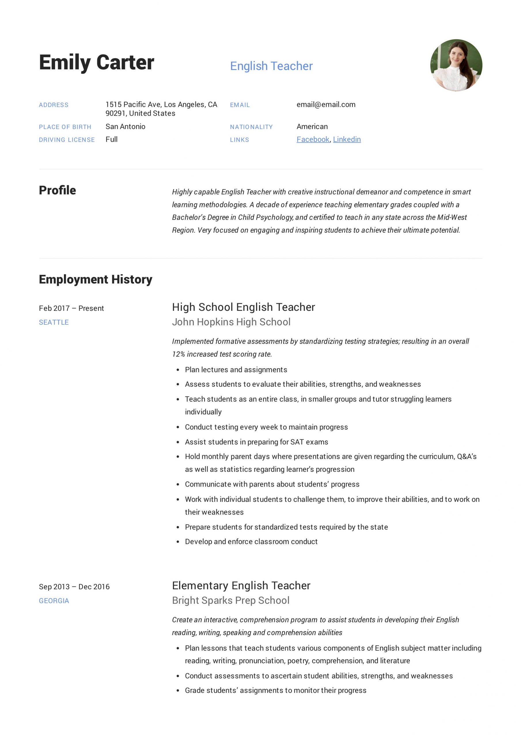 Sample Resume for School Principal Position In India English Teacher Resume & Writing Guide  12 Free Templates 2020