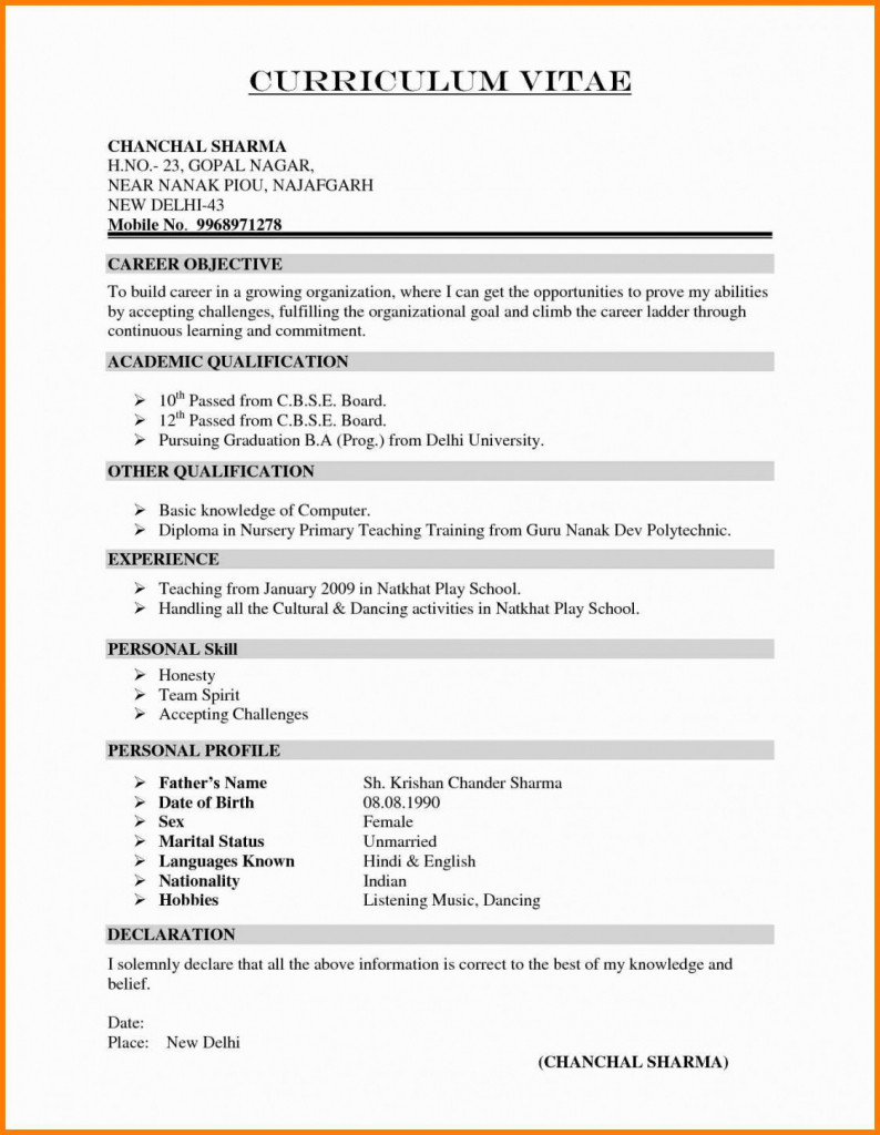 Sample Resume for School Teacher India India Phone Number format