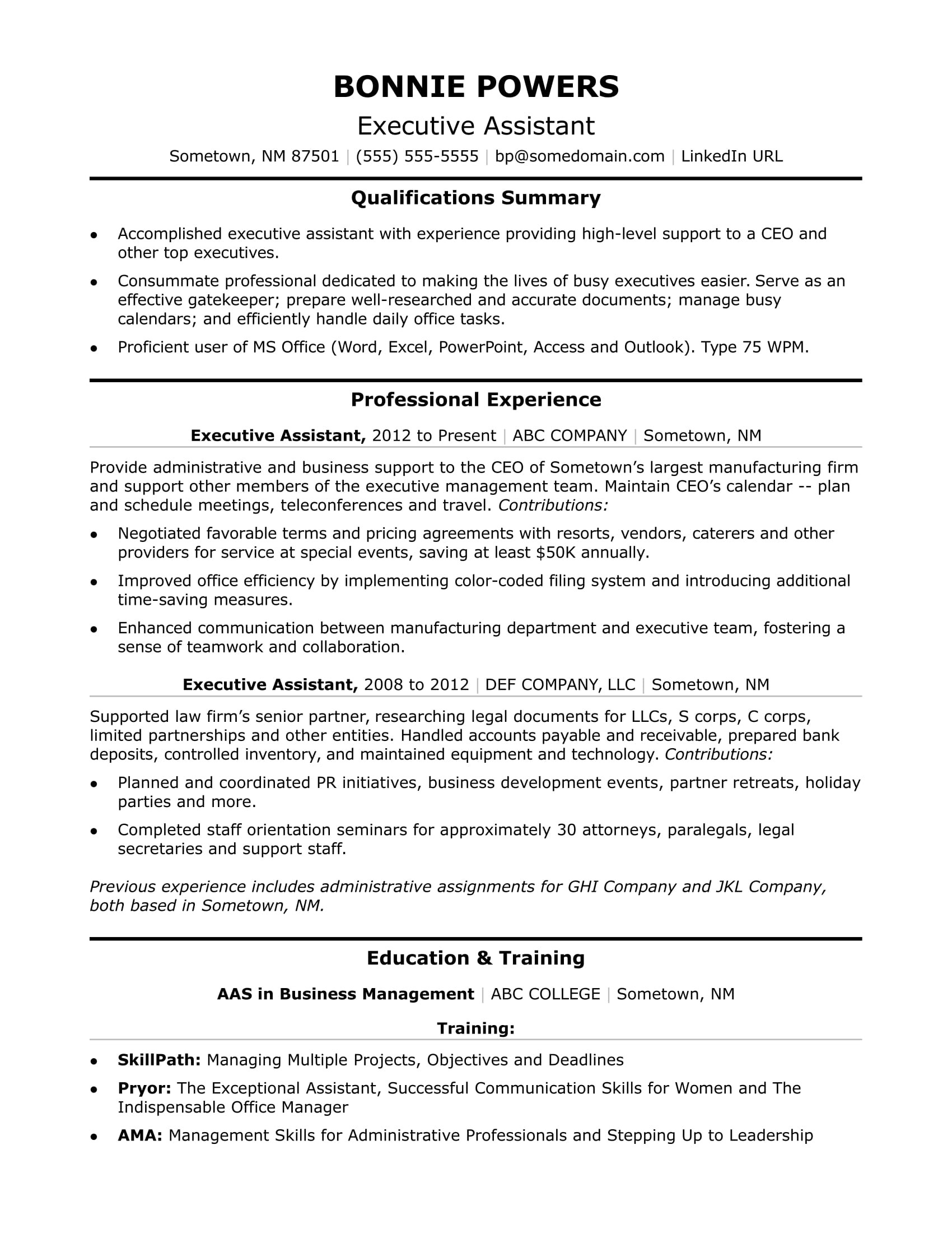 Sample Resume for Secretary Of the Company Executive Administrative assistant Resume Sample Monster.com