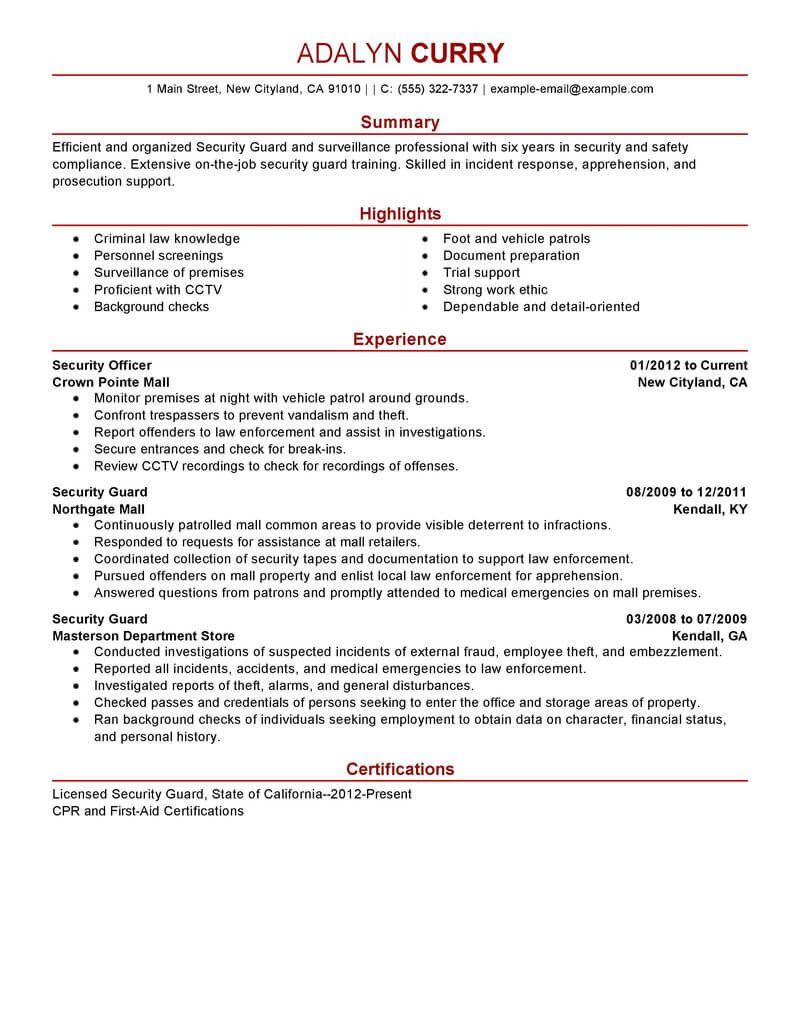 Sample Resume for Security Officer In India Security Agent Cv Examples October 2021