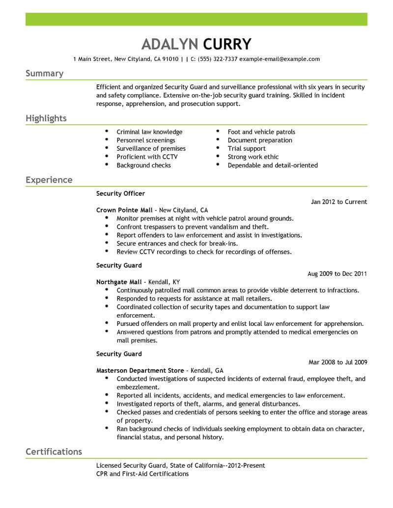 Sample Resume for Security Officer Position Security Guard Cv Objective October 2021