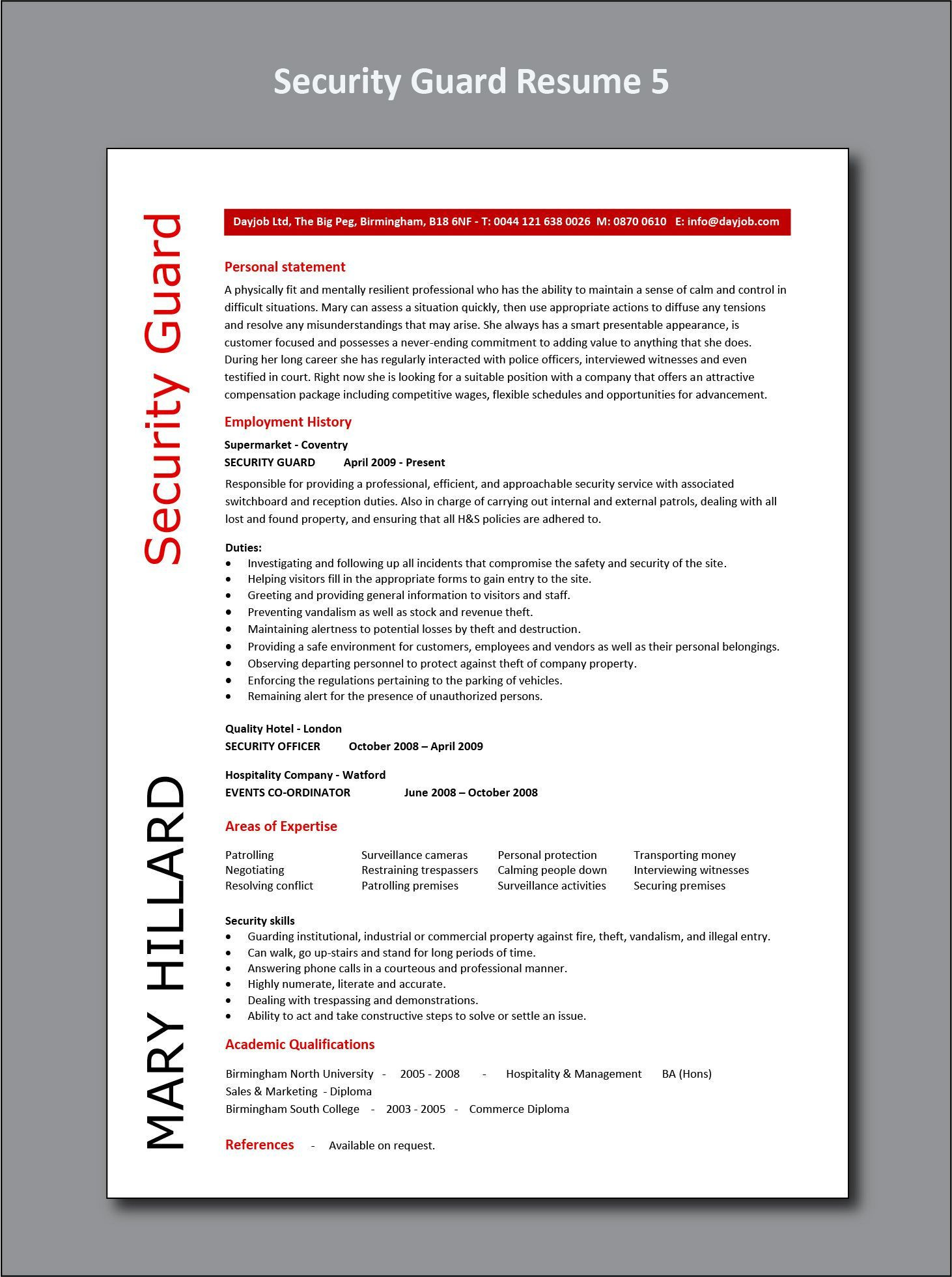 Sample Resume for Security Officer Position Security Guard Resume 5 Example, Cv, Sample, Officer, Supervisor …