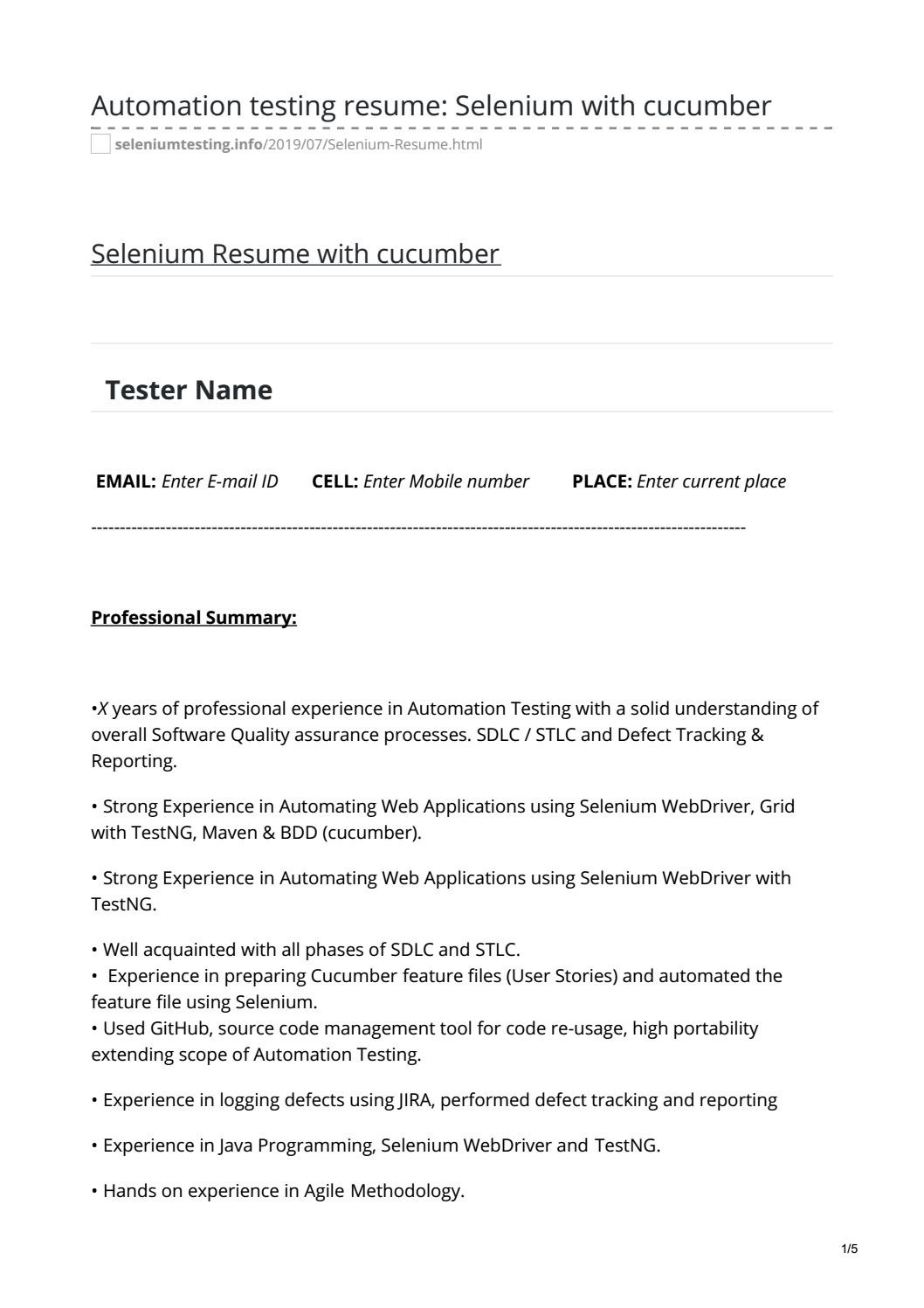 Sample Resume for Selenium 1 Year Experience Automation Testing Resume: Selenium with Cucumber by Manish …