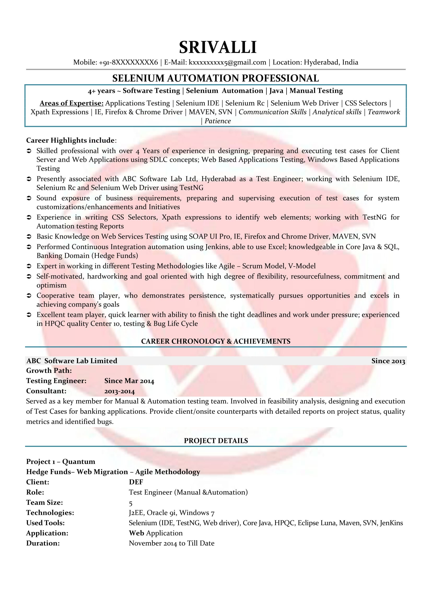 Sample Resume for Selenium 1 Year Experience Selenium Sample Resumes, Download Resume format Templates!