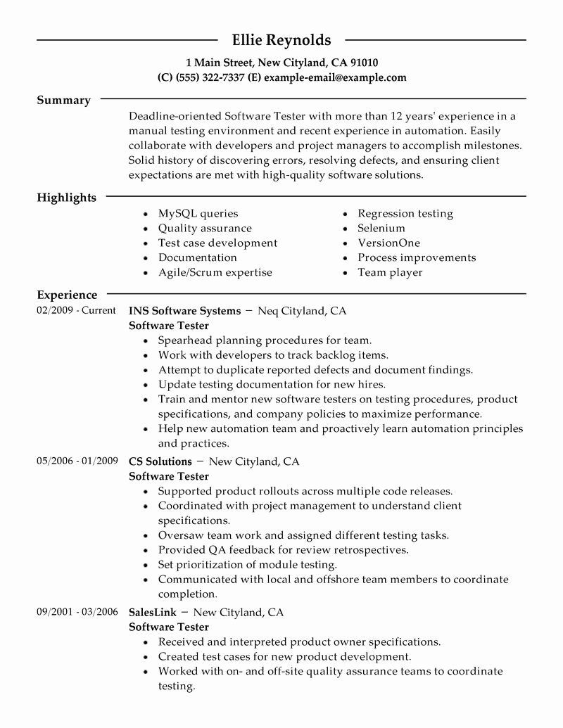 Sample Resume for Selenium 1 Year Experience Testing Resume Sample – Good Resume Examples