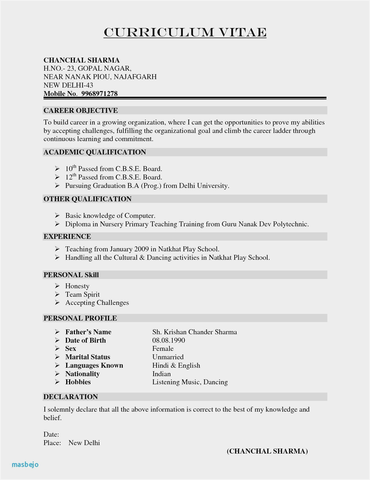 Sample Resume format for Freshers Free Download Sample Resume format for Freshers Download Fre