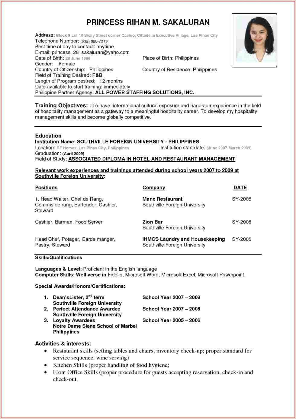 Sample Resume format for Hotel Industry Cv format for Fresher Air Hostess Best Resume format, Sample …