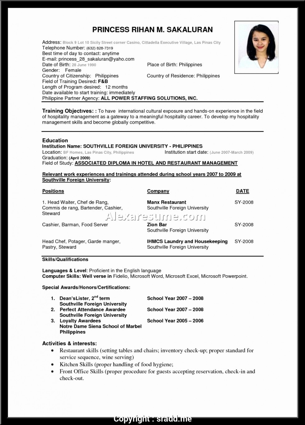 Sample Resume format for Hotel Industry Resume format for Hoteliers – Derel