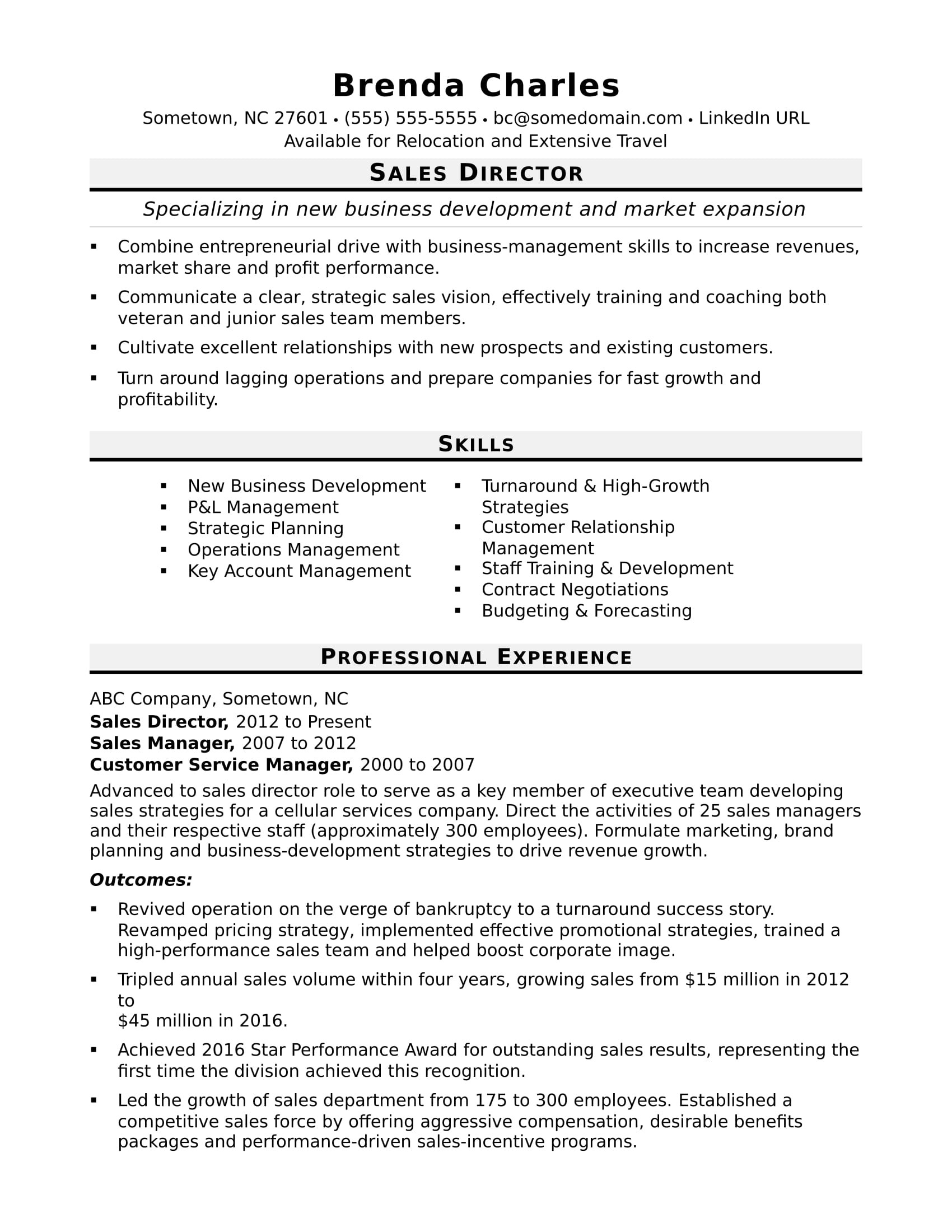 Sample Resume Headline for Sales Manager Sales Director Resume Sample Monster.com